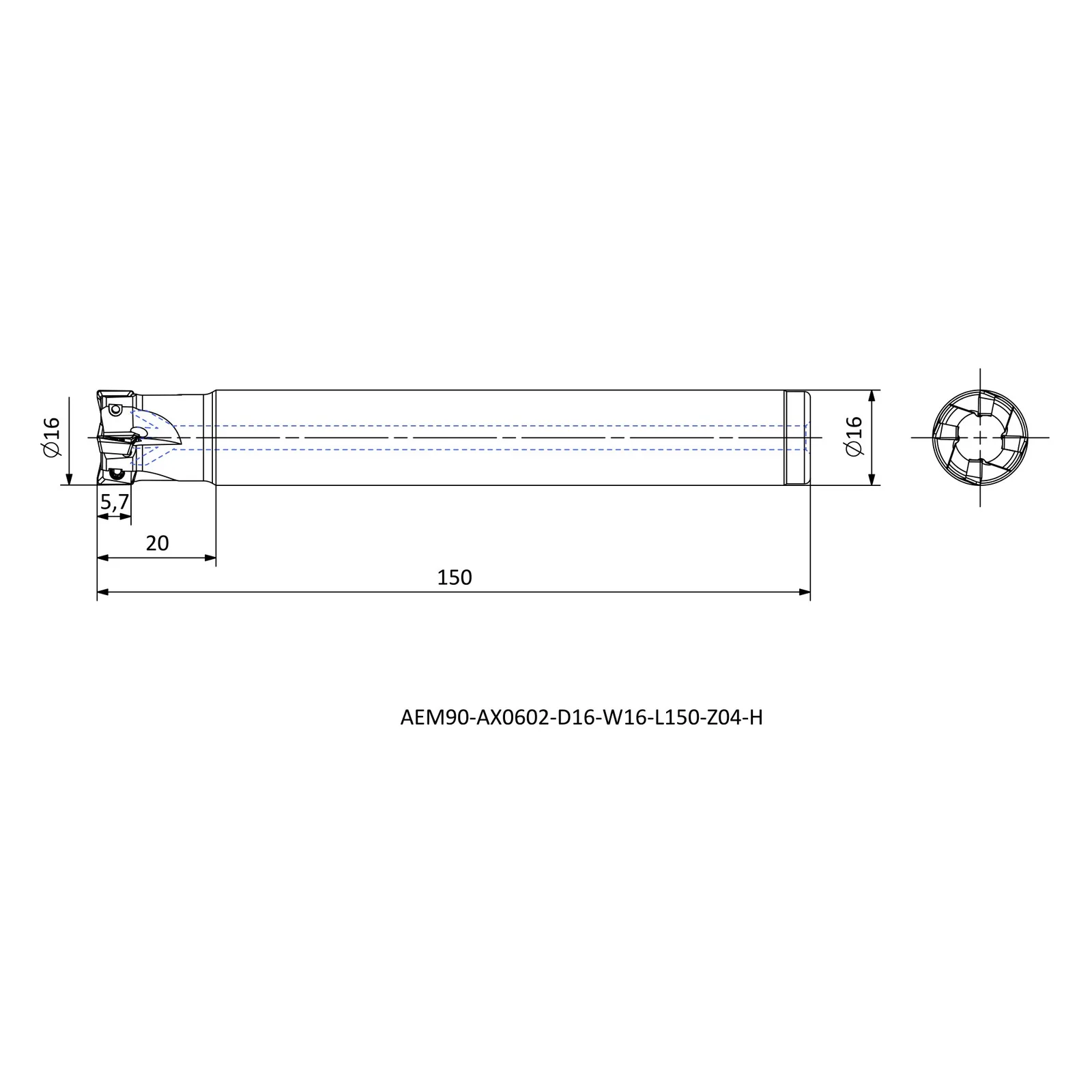 AEM90-AX0602-D16-W16-L150-Z04-H &mdash; dimensioned drawing