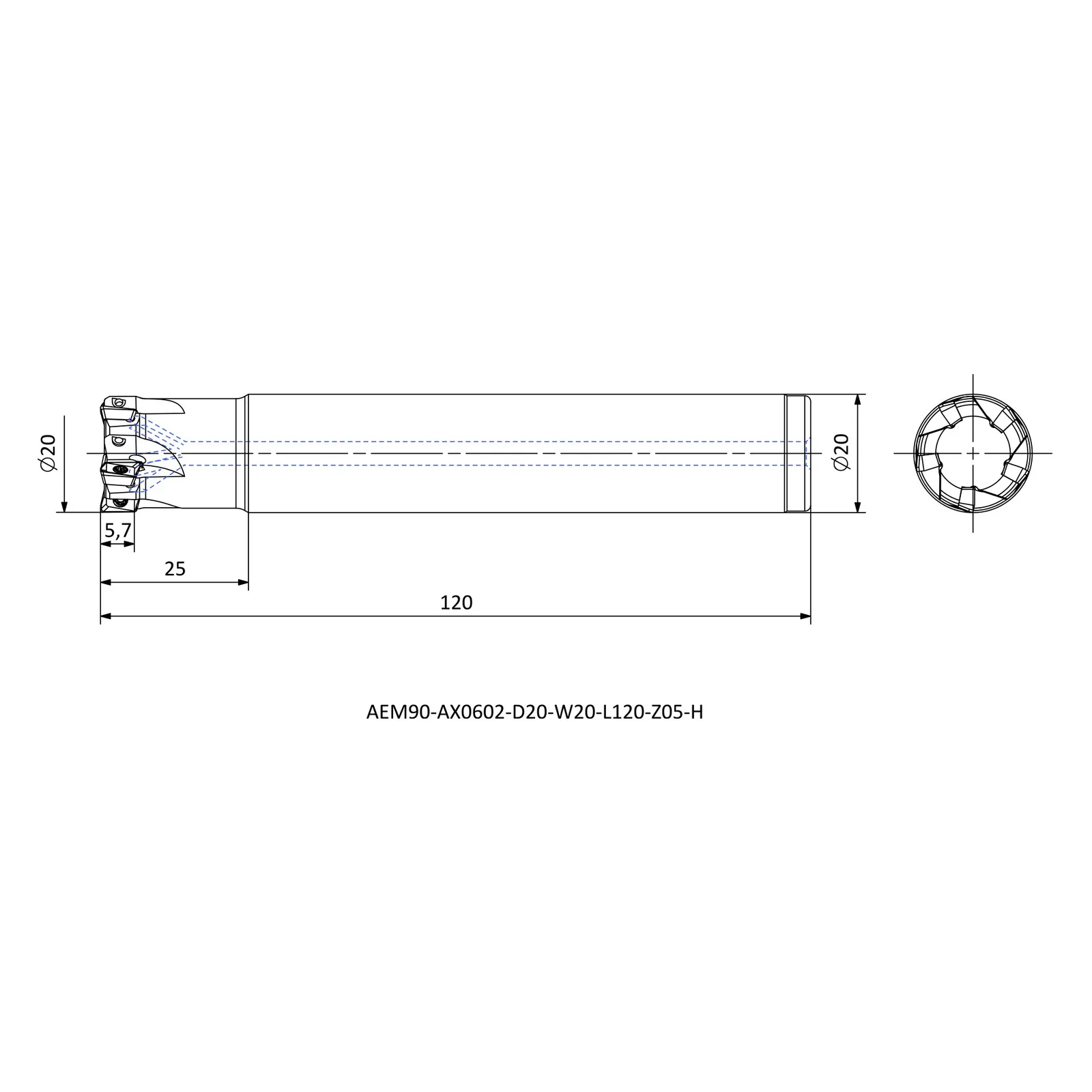 AEM90-AX0602-D20-W20-L120-Z05-H &mdash; dimensioned drawing