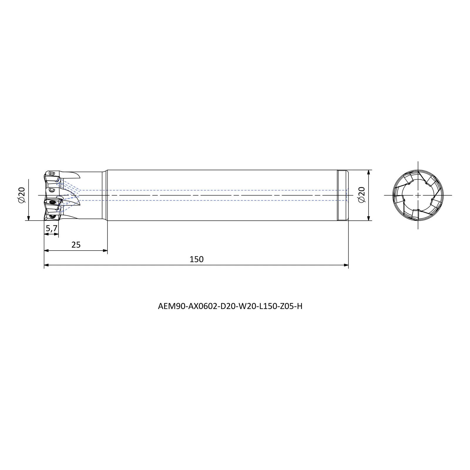 AEM90-AX0602-D20-W20-L150-Z05-H &mdash; dimensioned drawing