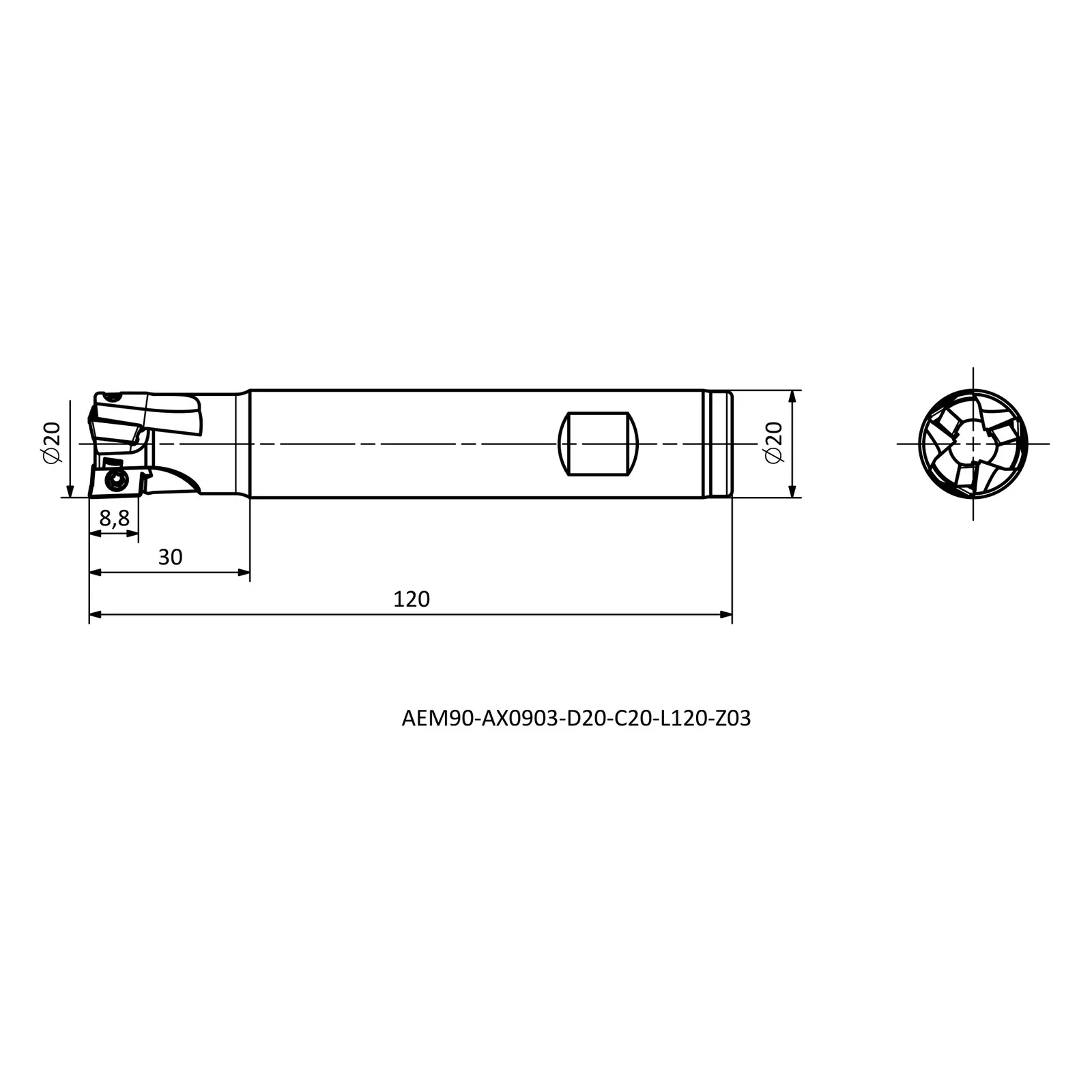 AEM90-AX0903-D20-C20-L120-Z03 &mdash; dimensioned drawing