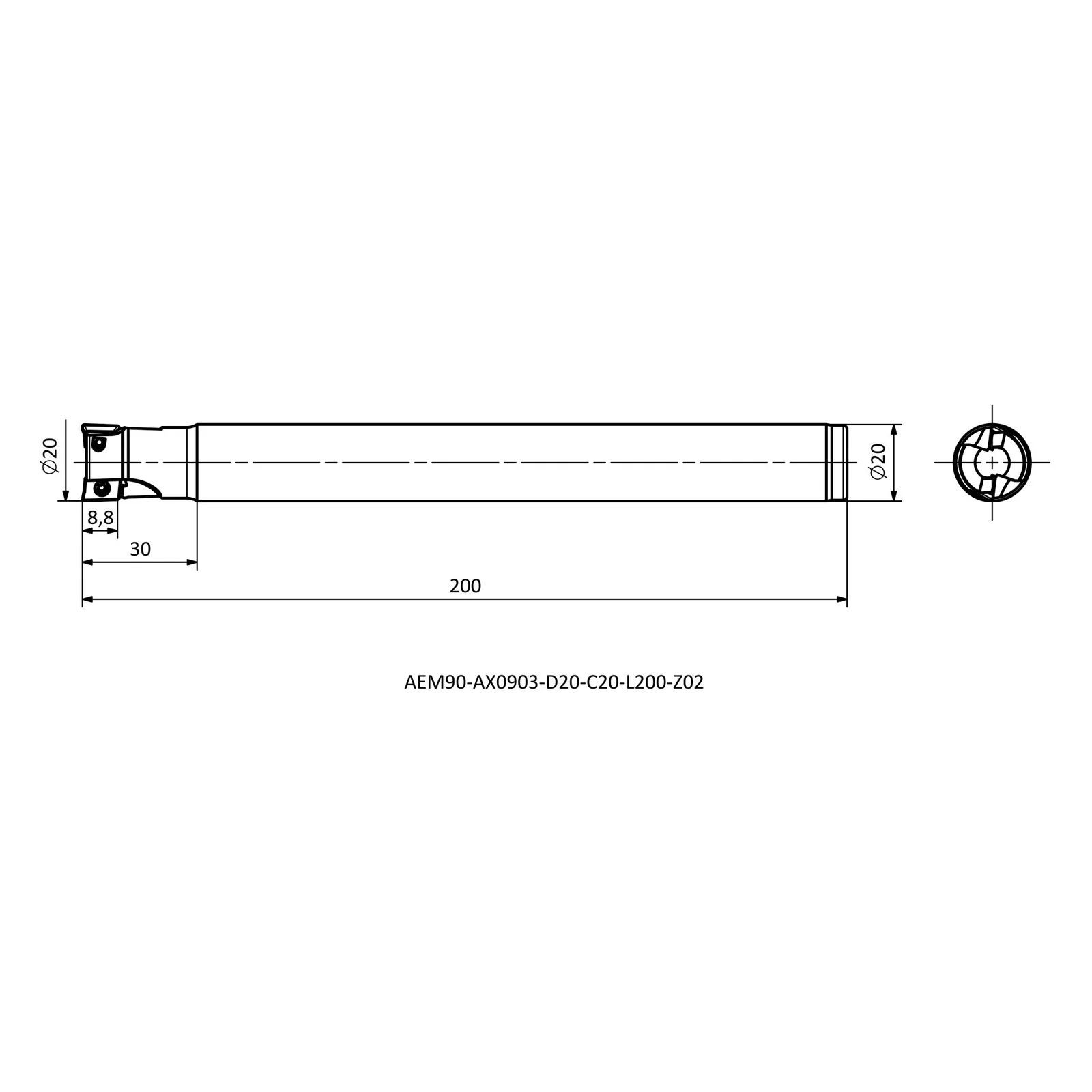 AEM90-AX0903-D20-C20-L200-Z02 &mdash; dimensioned drawing