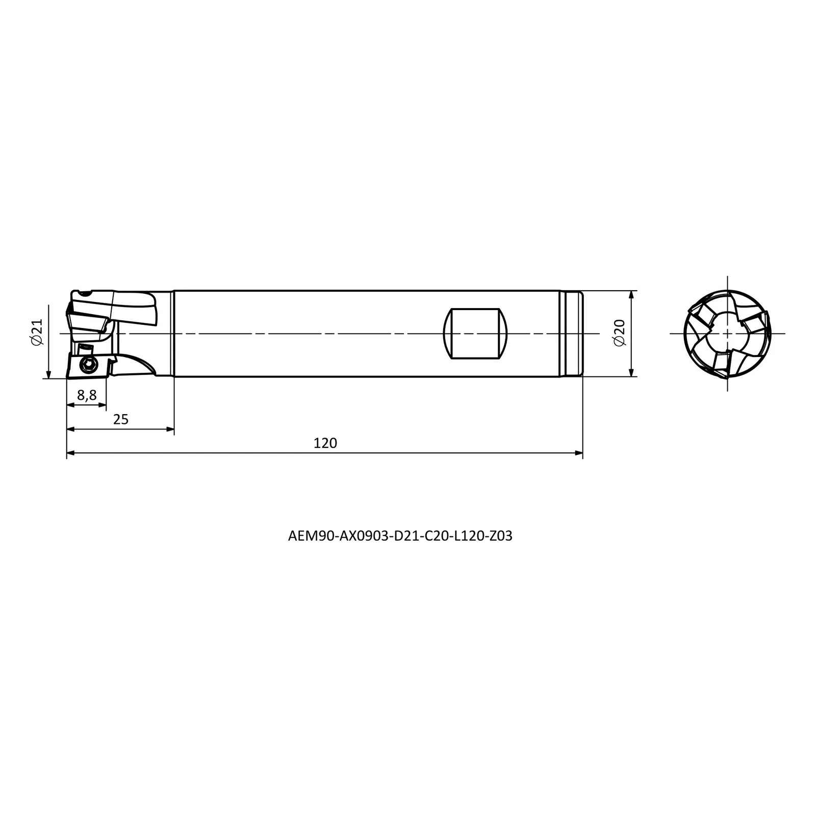 AEM90-AX0903-D21-C20-L120-Z03 &mdash; dimensioned drawing