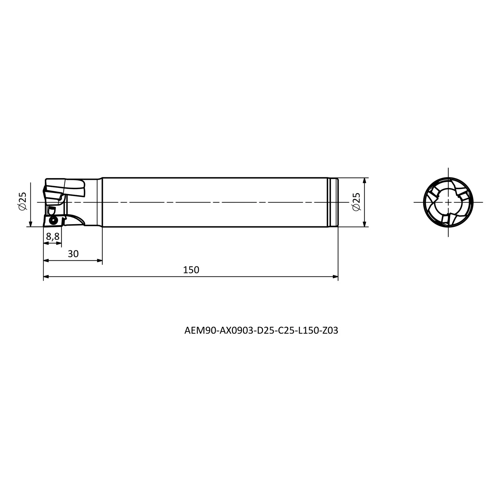 AEM90-AX0903-D25-C25-L150-Z03 &mdash; dimensioned drawing