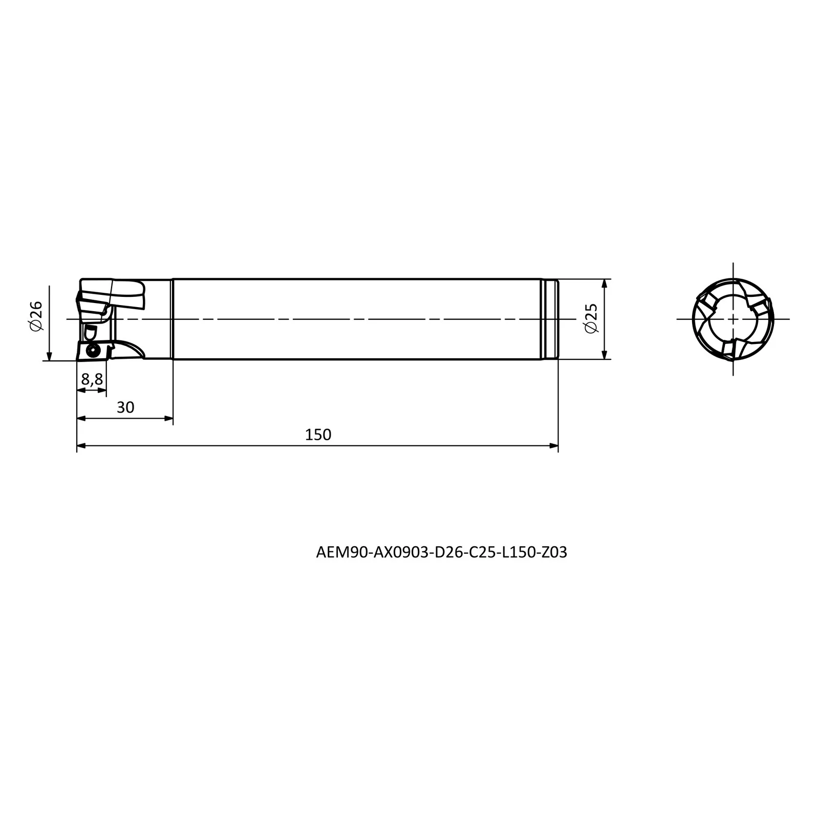 AEM90-AX0903-D26-C25-L150-Z03 &mdash; dimensioned drawing