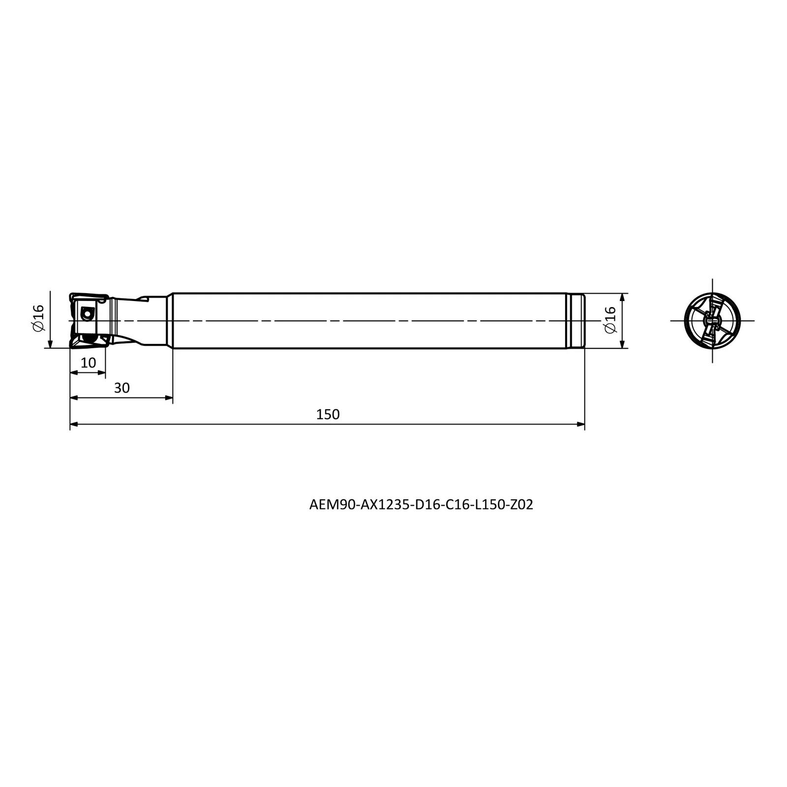 AEM90-AX1235-D16-C16-L150-Z02 &mdash; dimensioned drawing