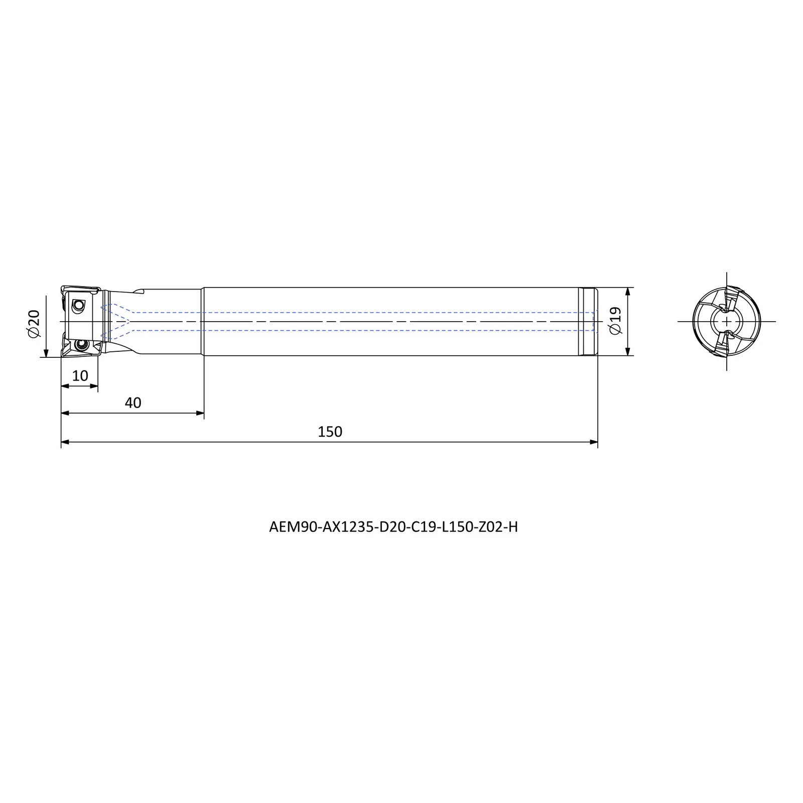 AEM90-AX1235-D20-C19-L150-Z02-H &mdash; dimensioned drawing