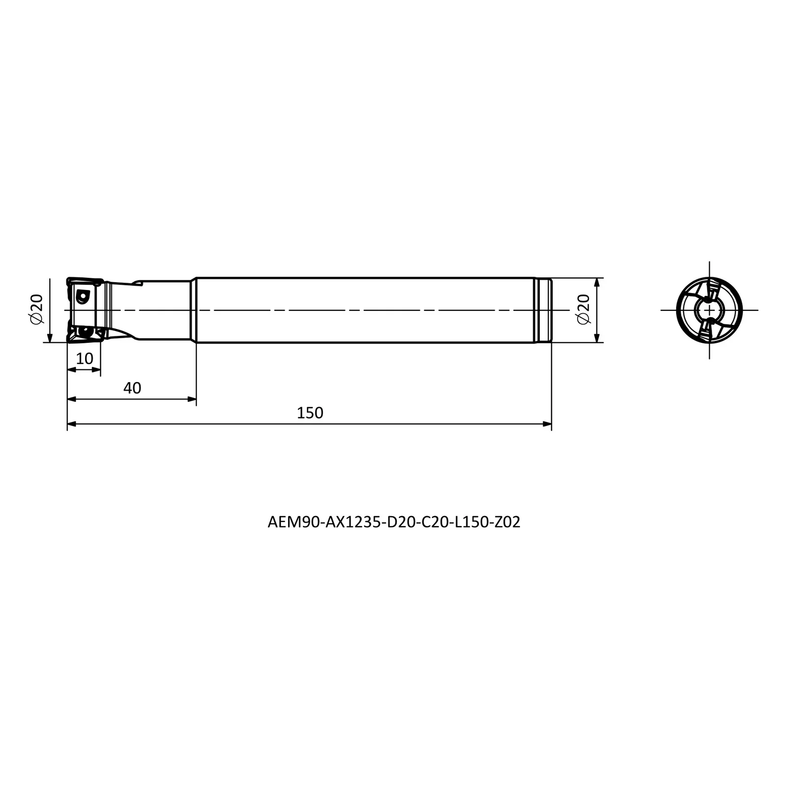 AEM90-AX1235-D20-C20-L150-Z02 &mdash; dimensioned drawing