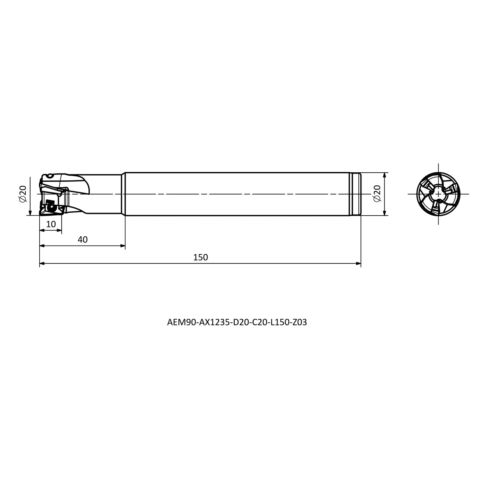 AEM90-AX1235-D20-C20-L150-Z03 &mdash; dimensioned drawing