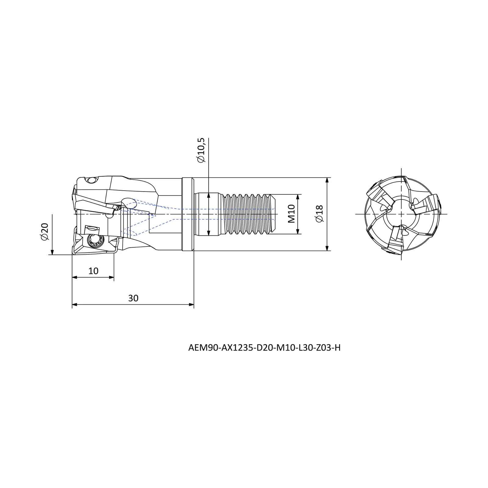AEM90-AX1235-D20-M10-L30-Z03-H &mdash; dimensioned drawing
