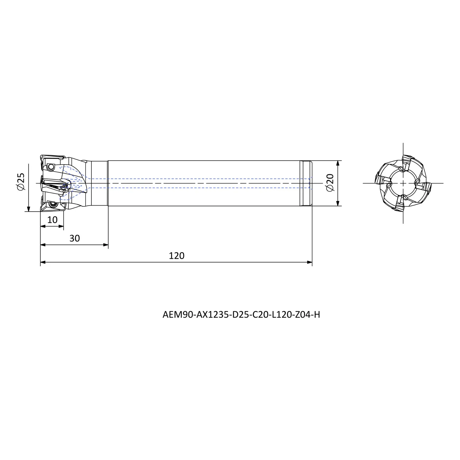 AEM90-AX1235-D25-C20-L120-Z04-H &mdash; dimensioned drawing