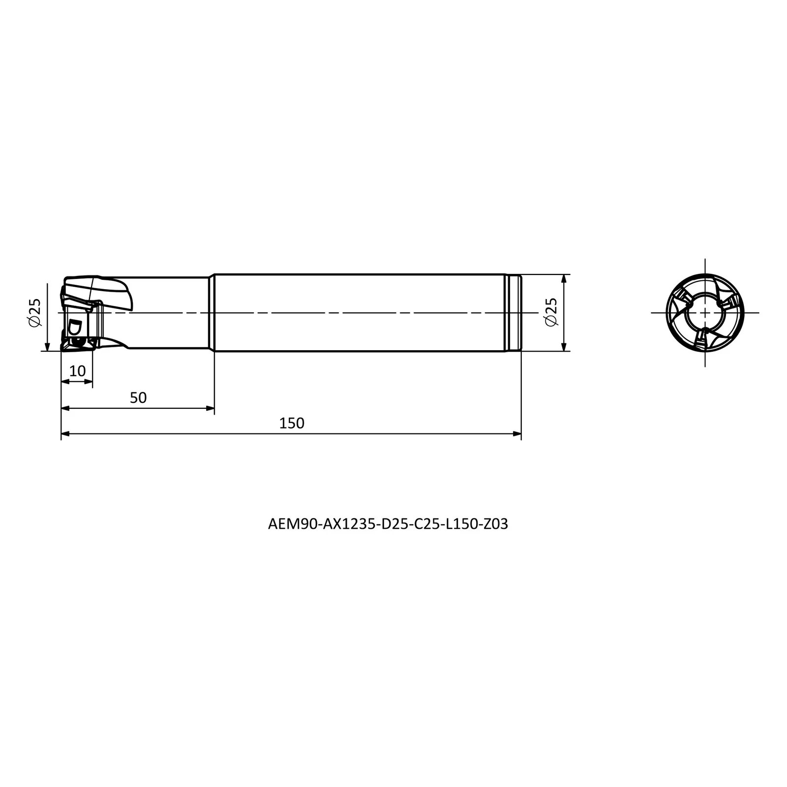 AEM90-AX1235-D25-C25-L150-Z03 &mdash; dimensioned drawing