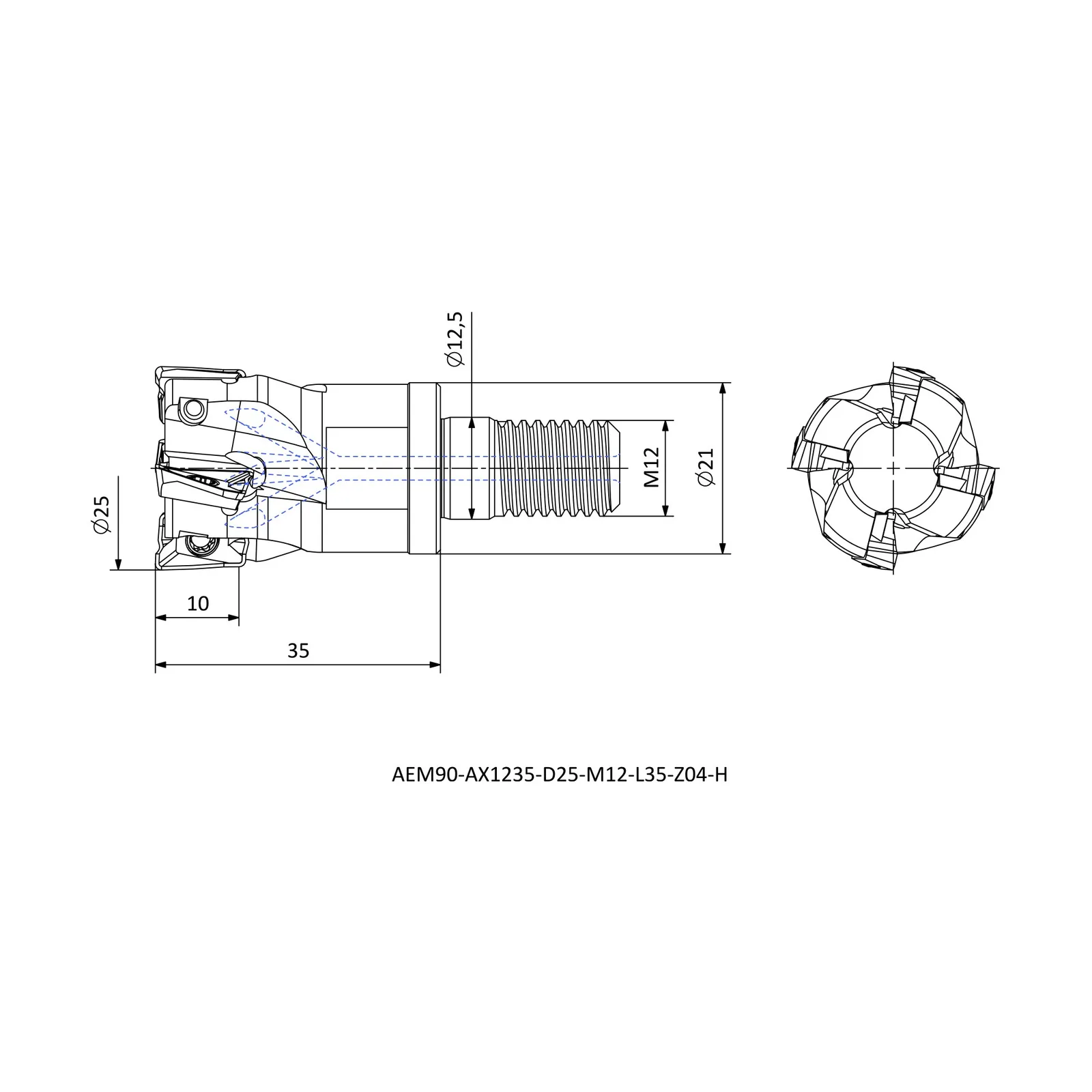 AEM90-AX1235-D25-M12-L35-Z04-H &mdash; dimensioned drawing