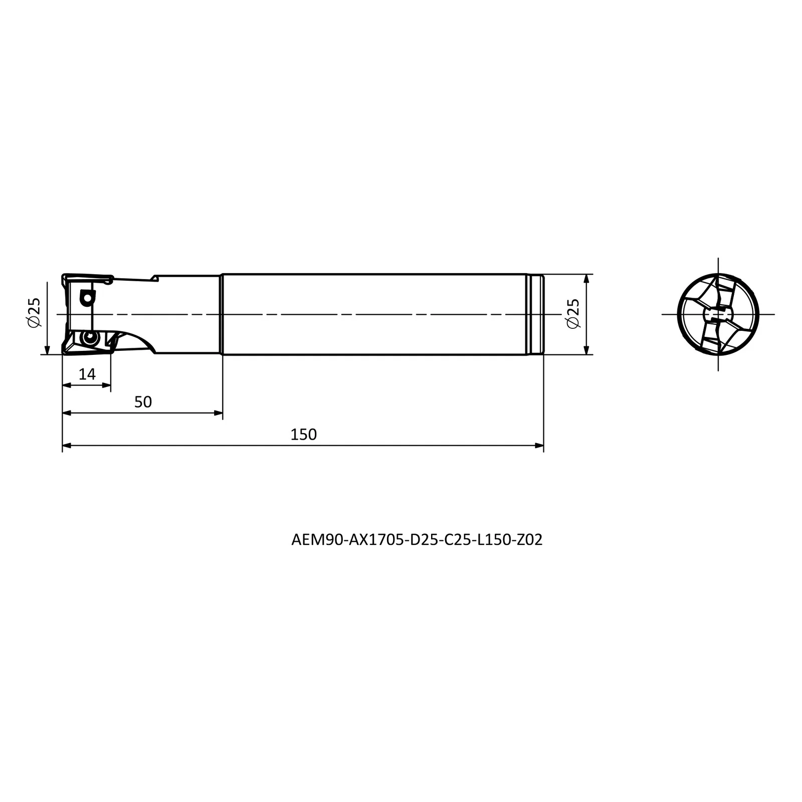 AEM90-AX1705-D25-C25-L150-Z02 &mdash; dimensioned drawing