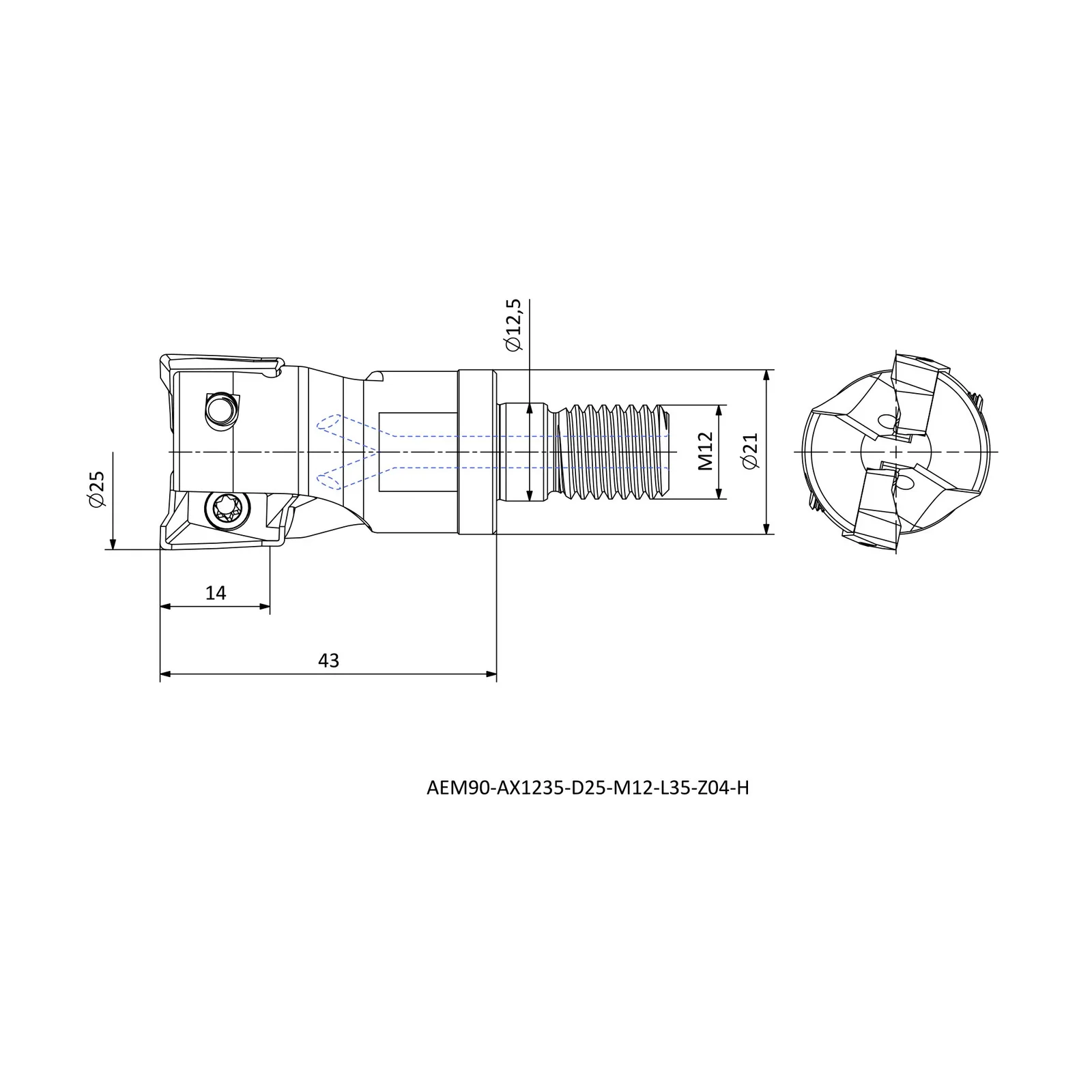 AEM90-AX1705-D25-M12-L43-Z02-H &mdash; dimensioned drawing