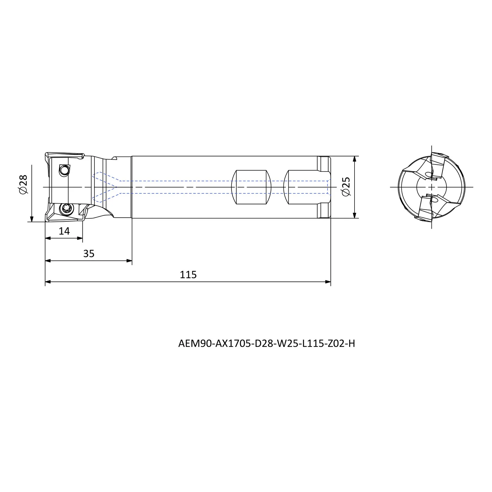 AEM90-AX1705-D28-W25-L115-Z02-H &mdash; dimensioned drawing