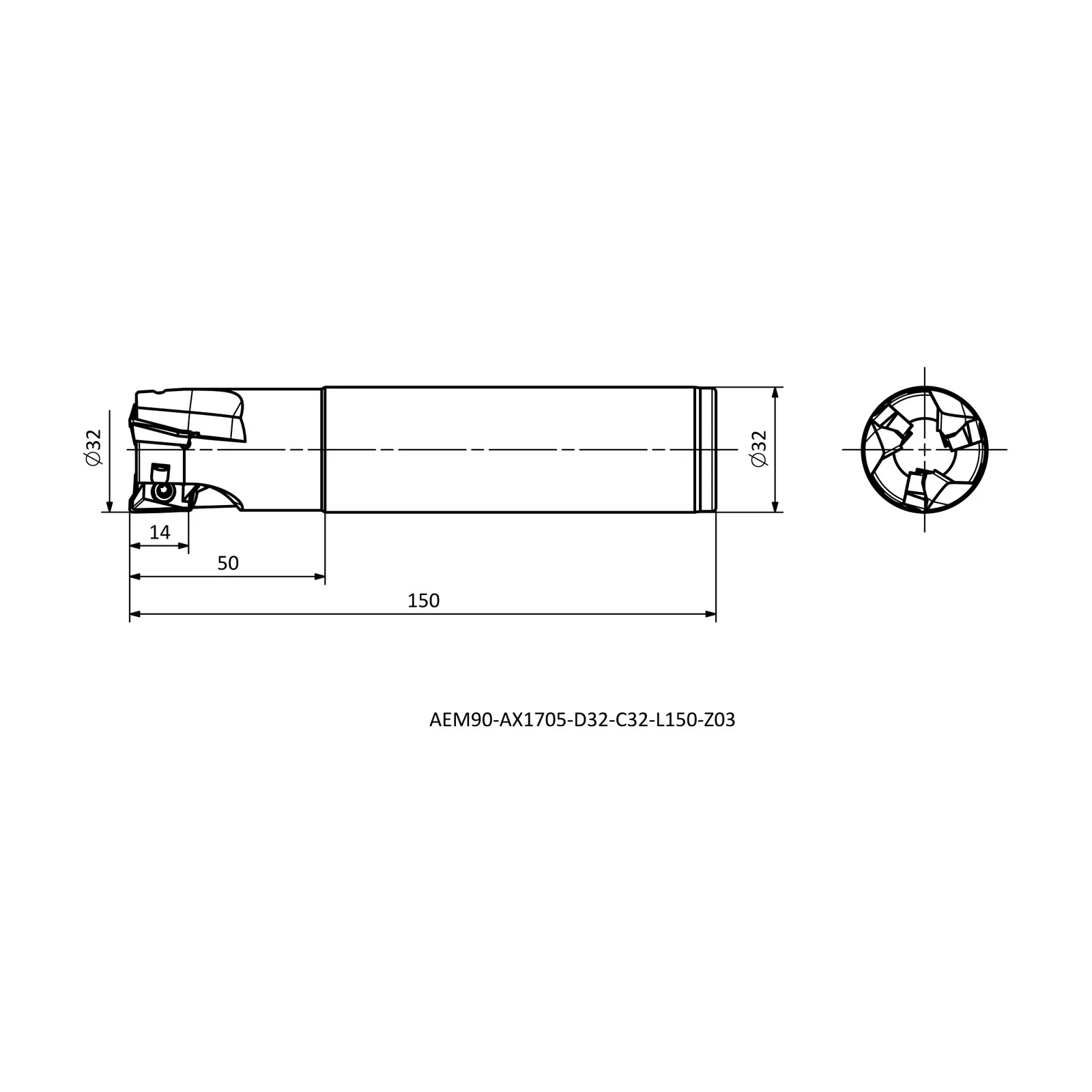 AEM90-AX1705-D32-C32-L150-Z03 &mdash; dimensioned drawing