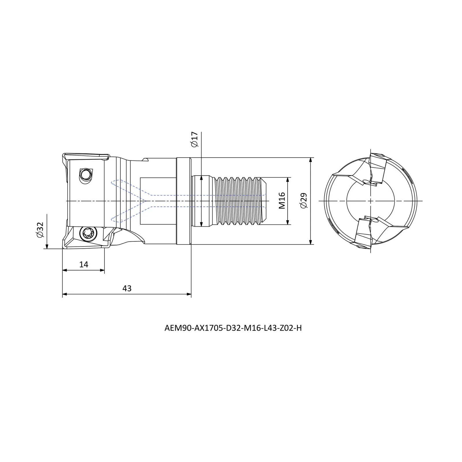 AEM90-AX1705-D32-M16-L43-Z02-H &mdash; dimensioned drawing