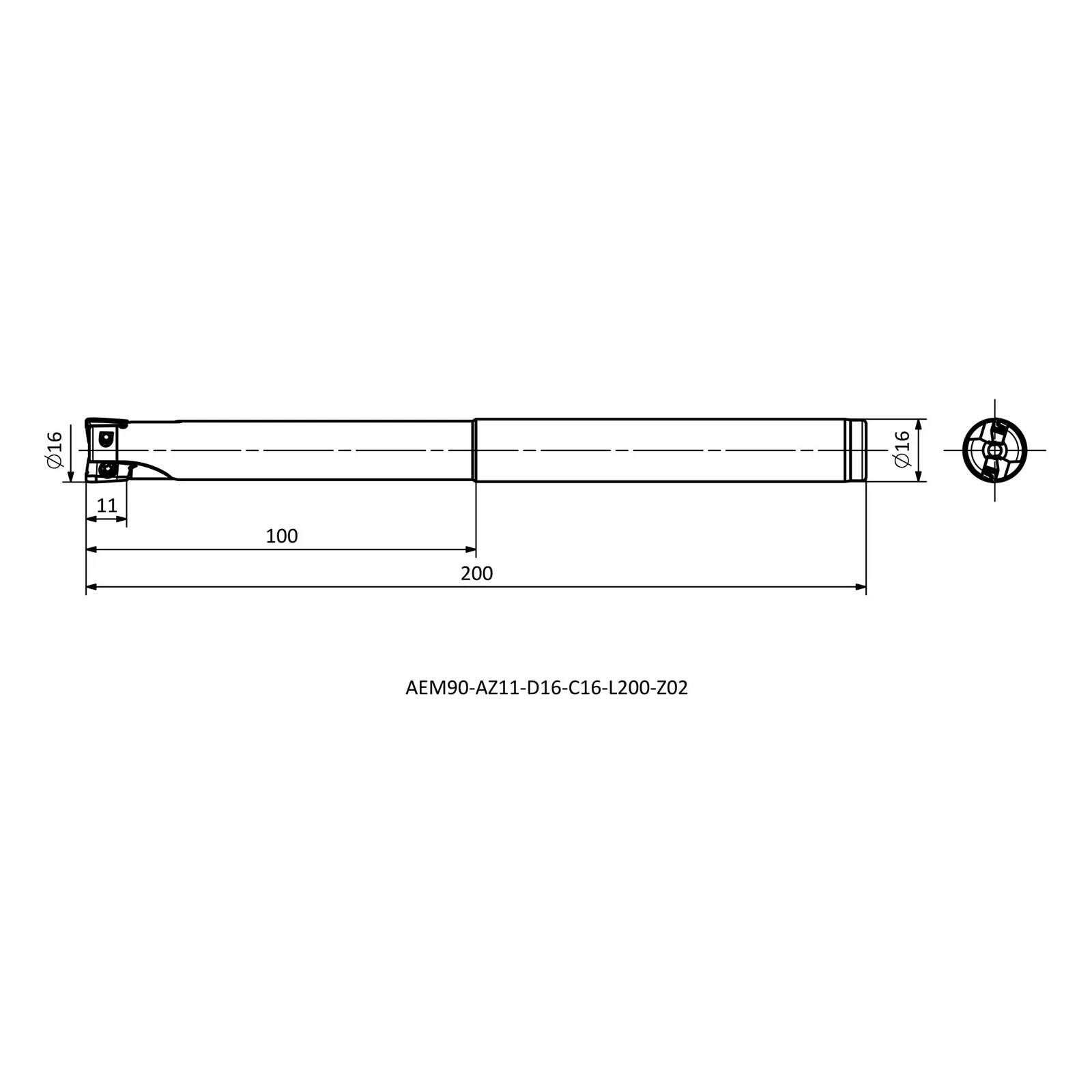 AEM90-AZ11-D16-C16-L200-Z02 &mdash; dimensioned drawing