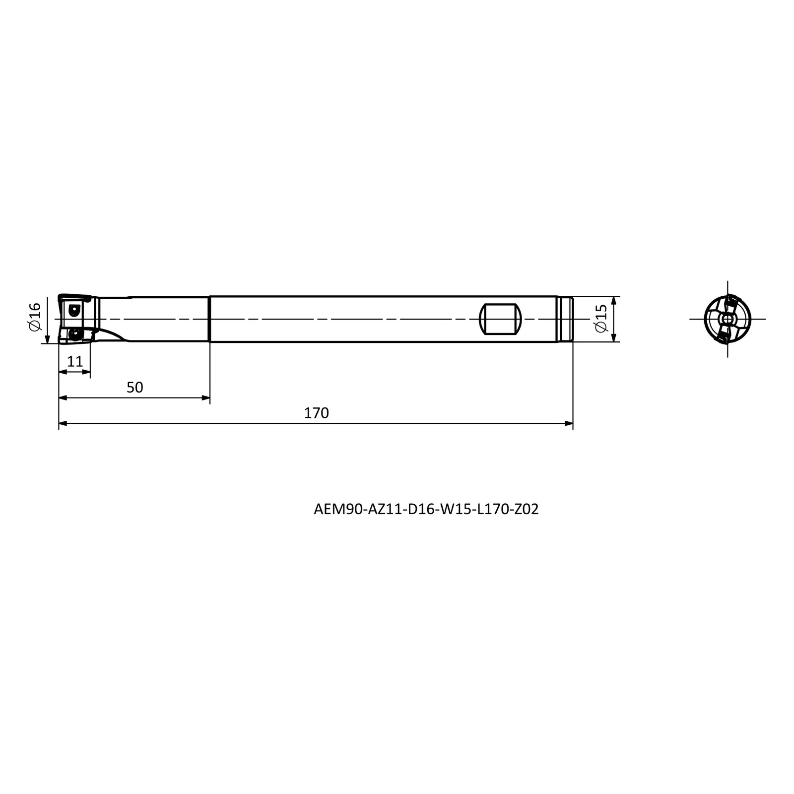 AEM90-AZ11-D16-W15-L170-Z02 &mdash; dimensioned drawing