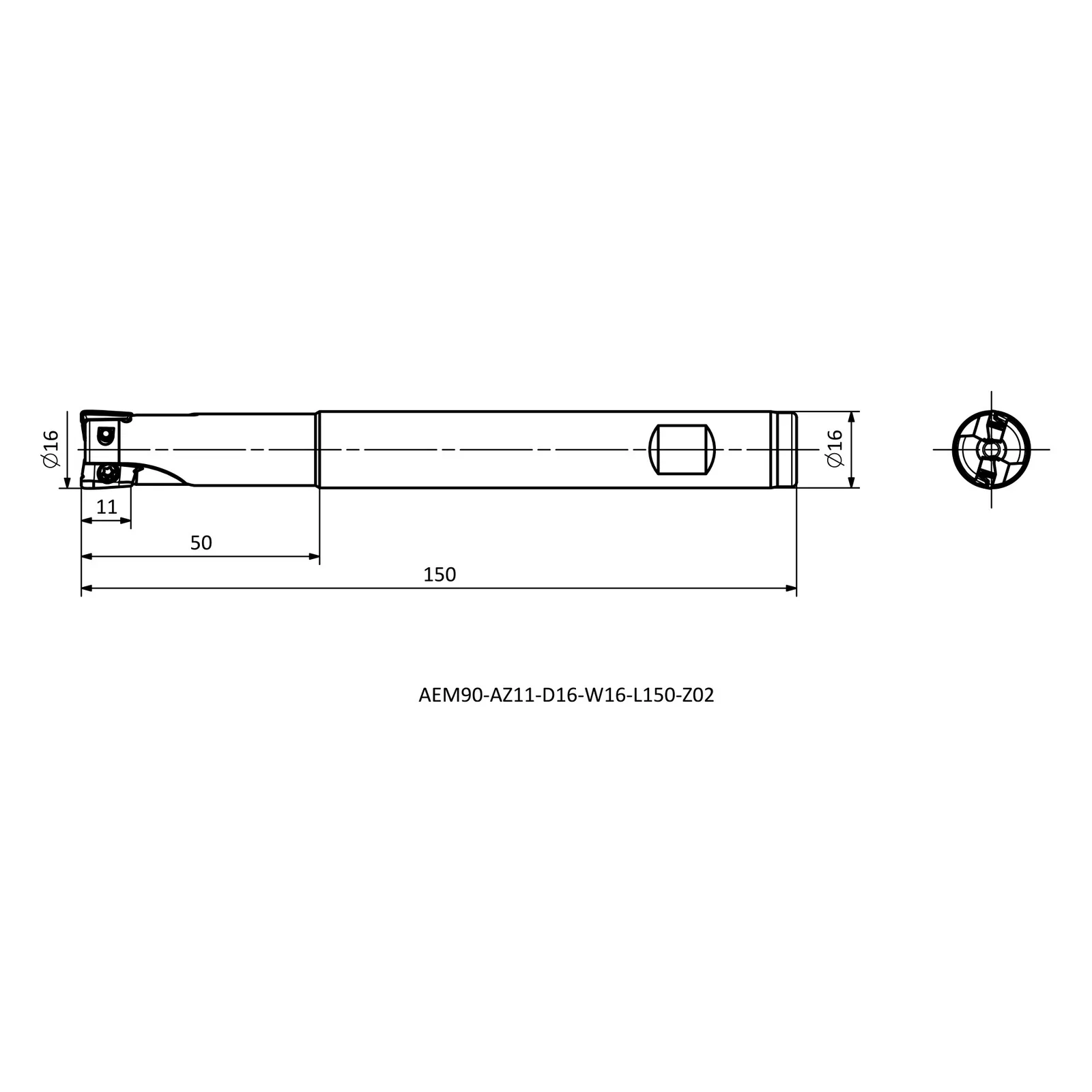 AEM90-AZ11-D16-W16-L150-Z02 &mdash; dimensioned drawing