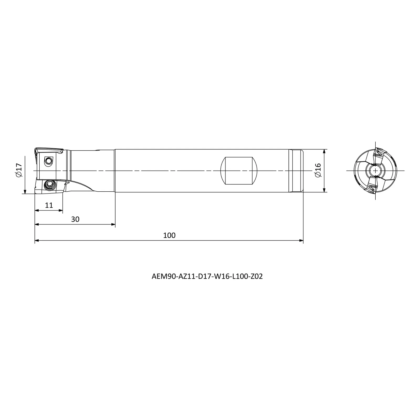 AEM90-AZ11-D17-W16-L100-Z02 &mdash; dimensioned drawing