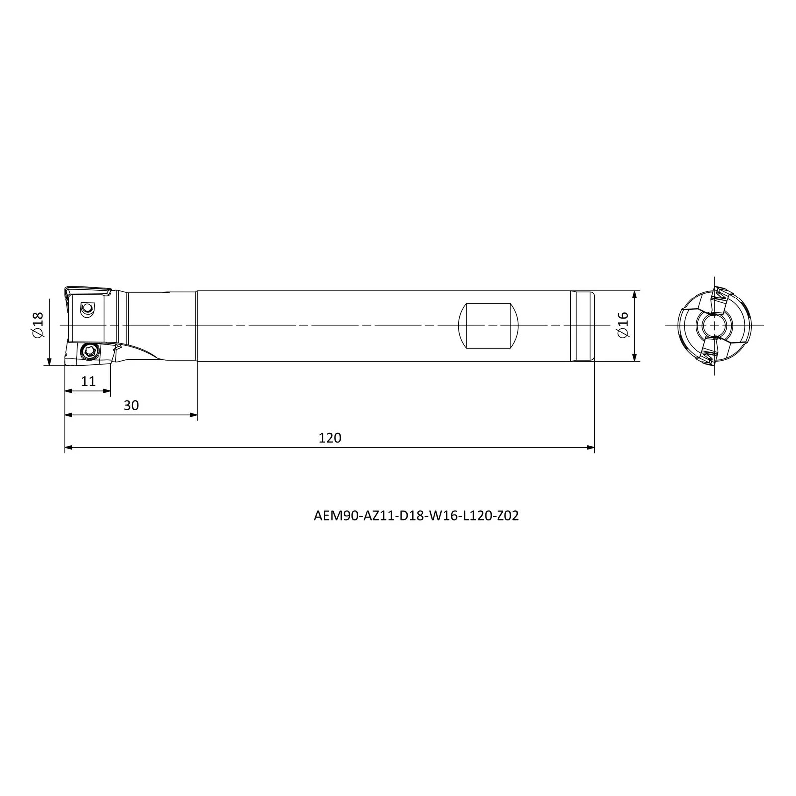 AEM90-AZ11-D18-W16-L120-Z02 &mdash; dimensioned drawing