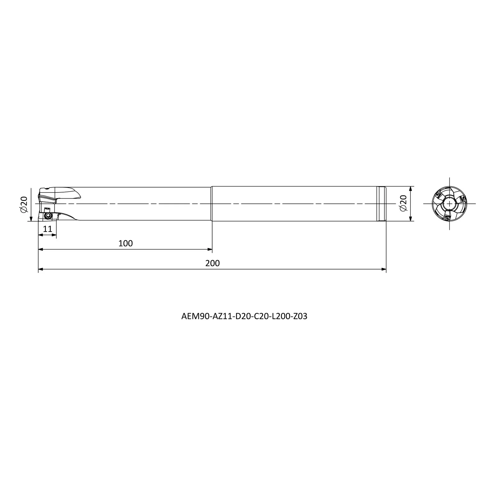AEM90-AZ11-D20-C20-L200-Z03 &mdash; dimensioned drawing