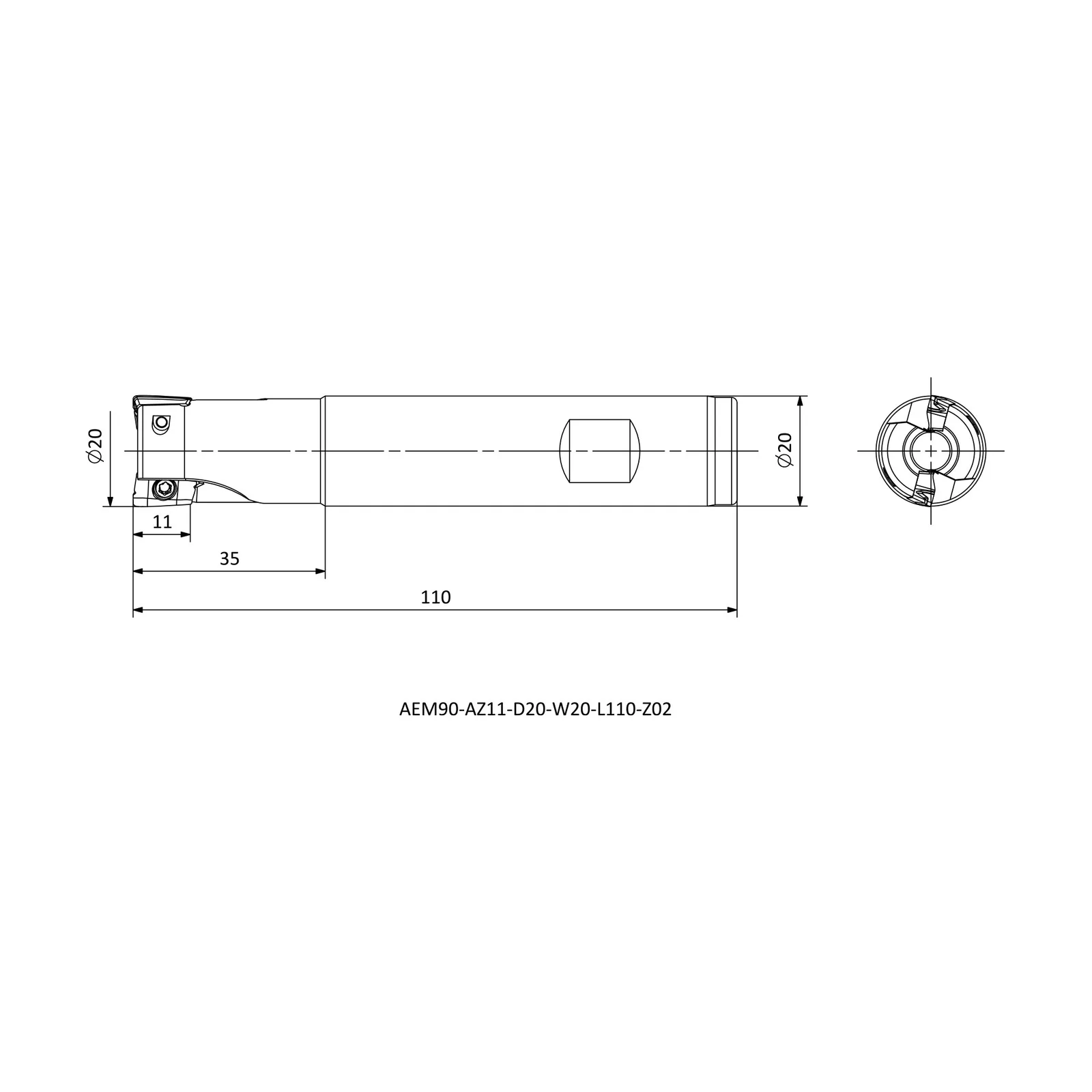 AEM90-AZ11-D20-W20-L110-Z02 &mdash; dimensioned drawing