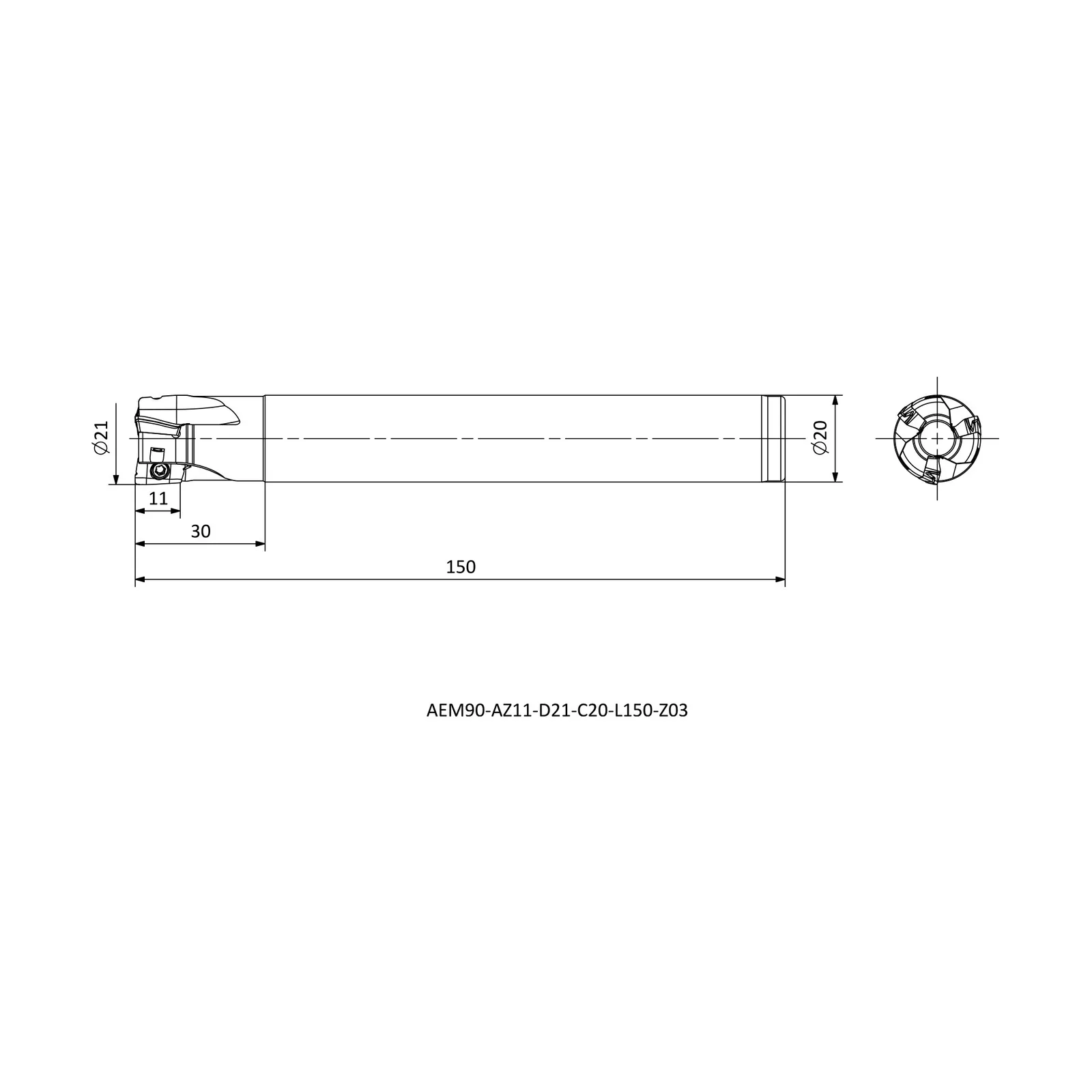 AEM90-AZ11-D21-C20-L150-Z03 &mdash; dimensioned drawing