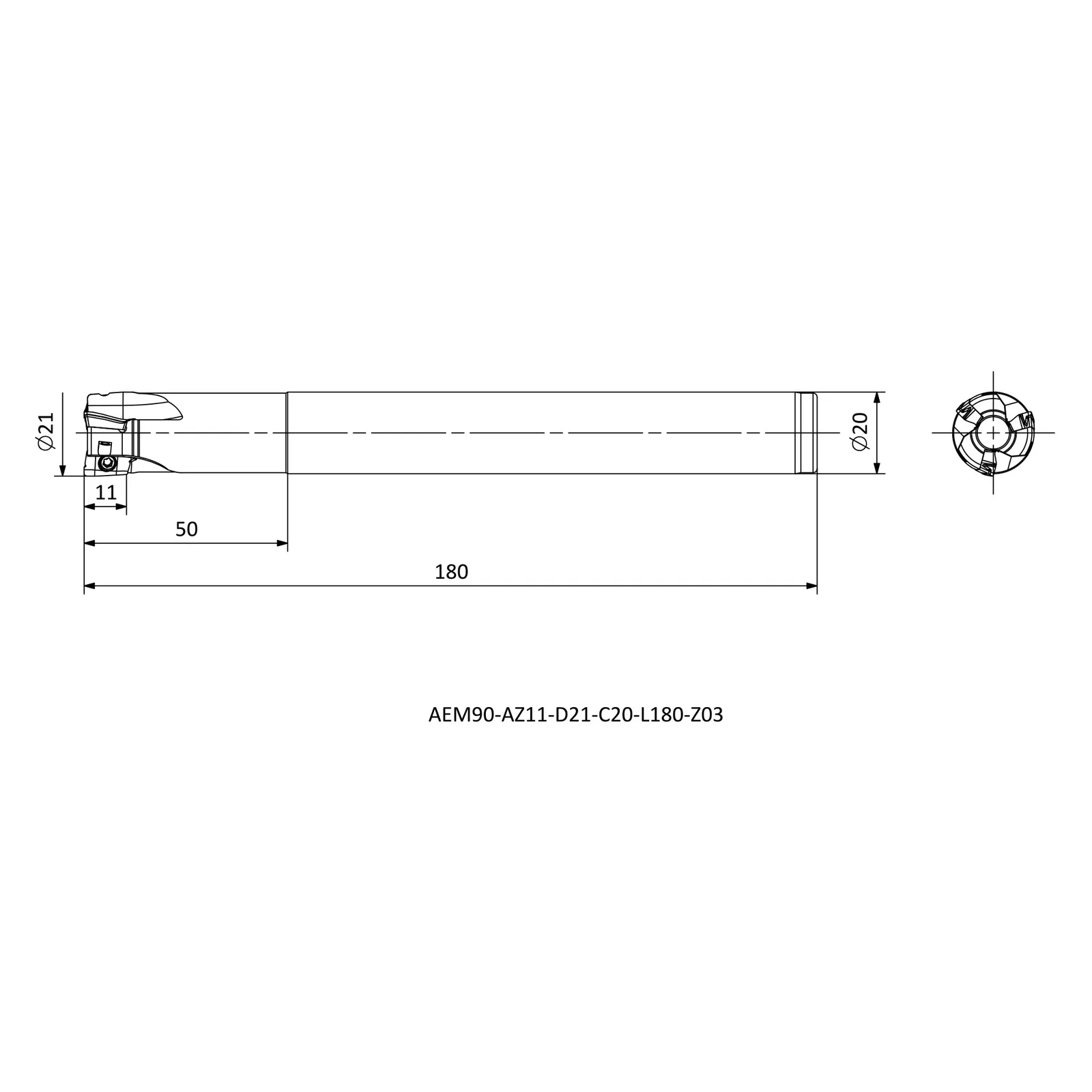 AEM90-AZ11-D21-C20-L180-Z03 &mdash; dimensioned drawing
