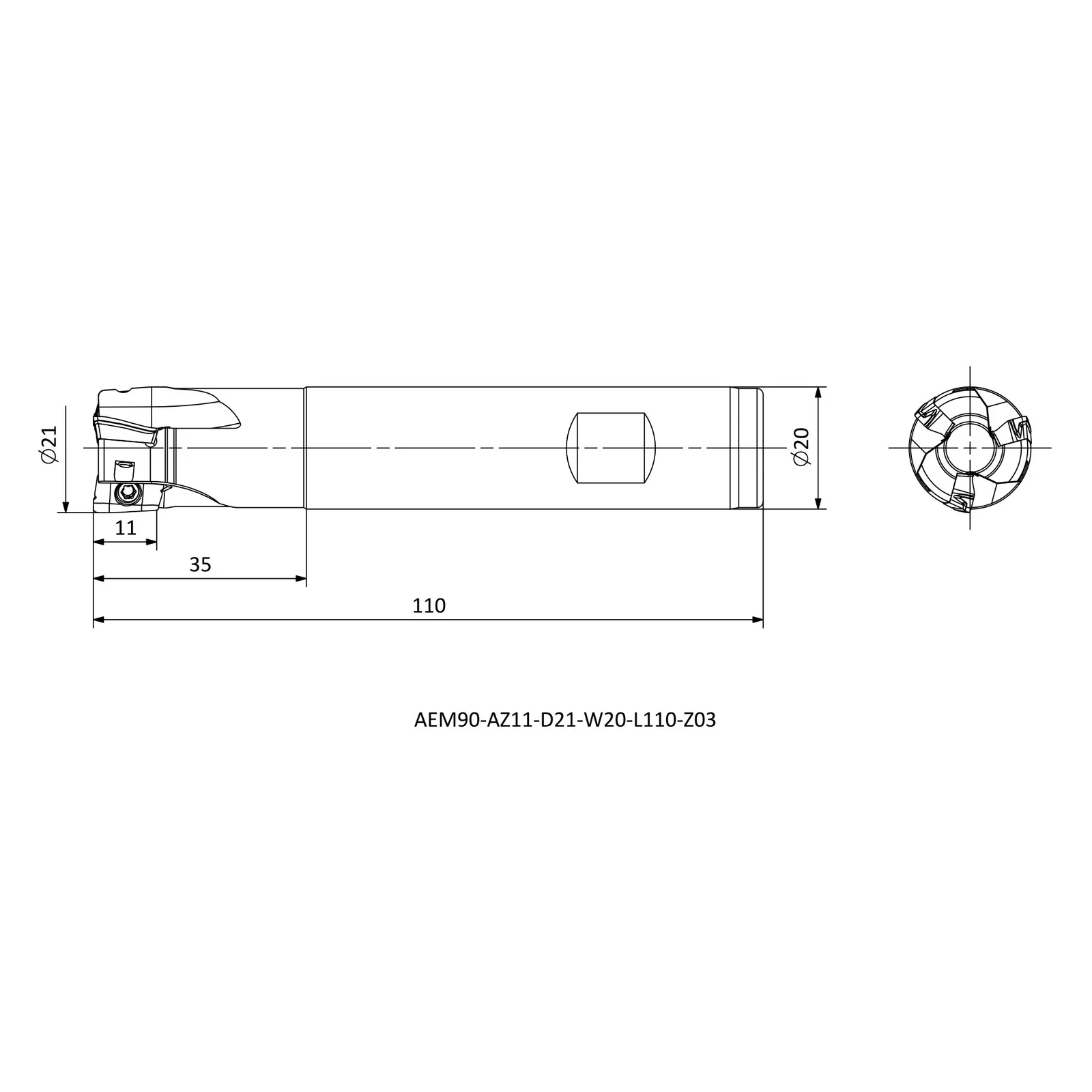 AEM90-AZ11-D21-W20-L110-Z03 &mdash; dimensioned drawing