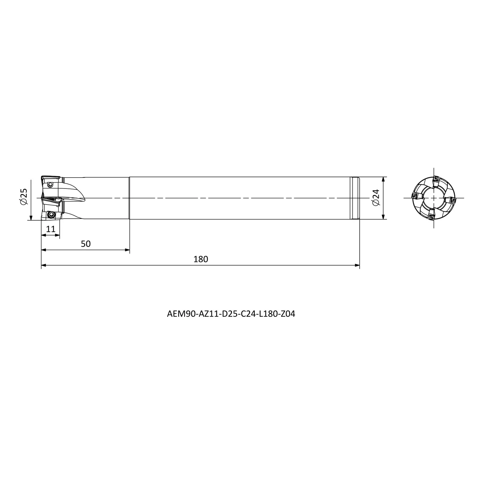 AEM90-AZ11-D25-C24-L180-Z04 &mdash; dimensioned drawing