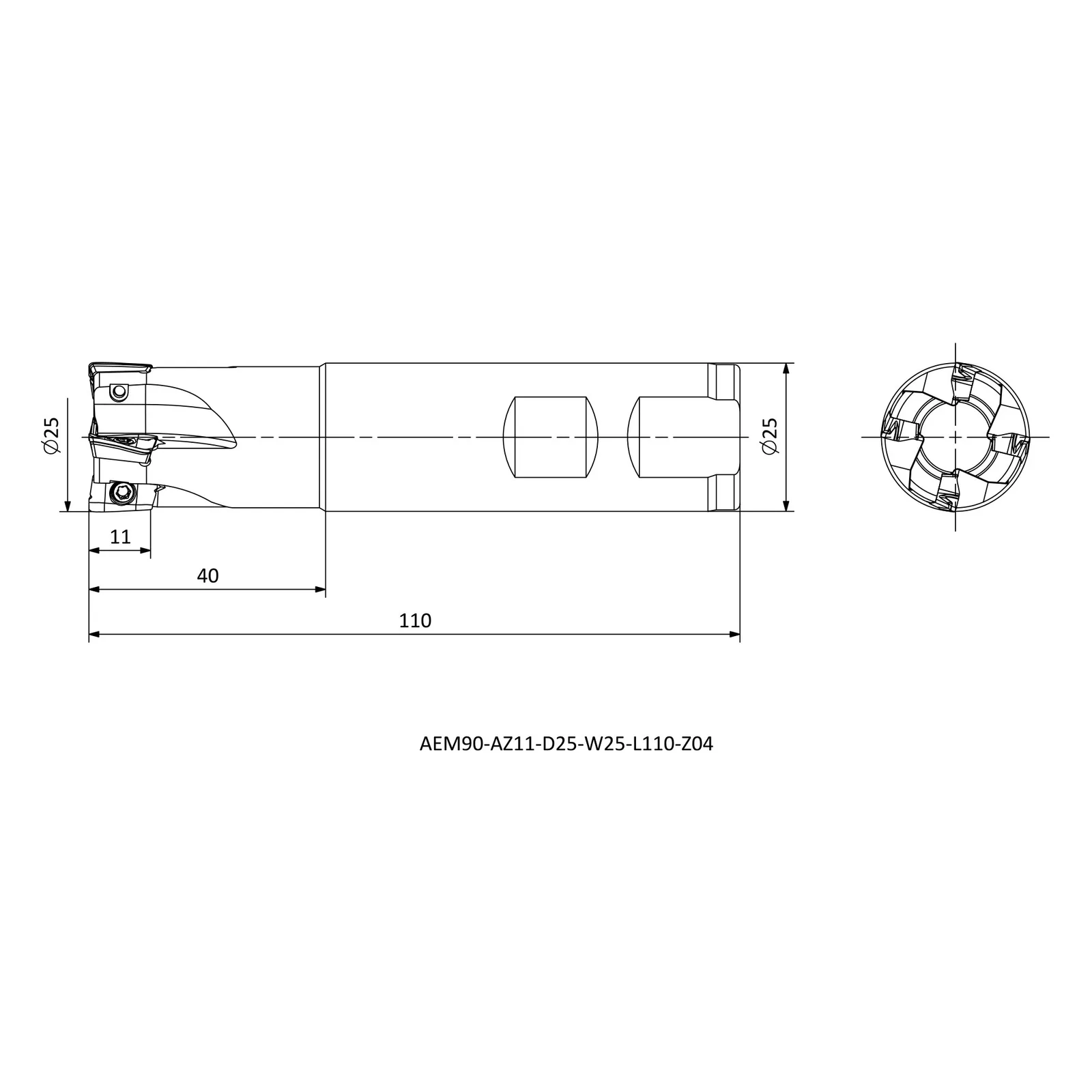 AEM90-AZ11-D25-W25-L110-Z04 &mdash; dimensioned drawing