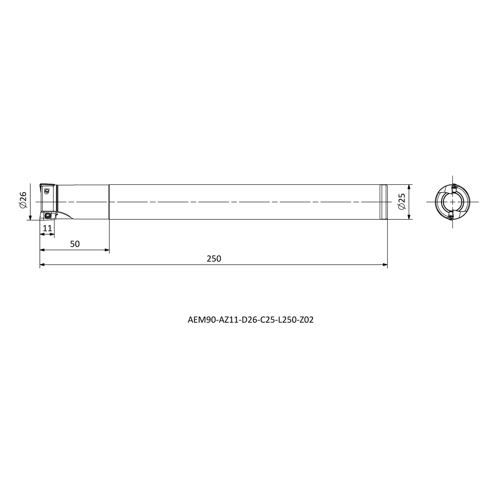 AEM90-AZ11-D26-C25-L250-Z02 &mdash; dimensioned drawing
