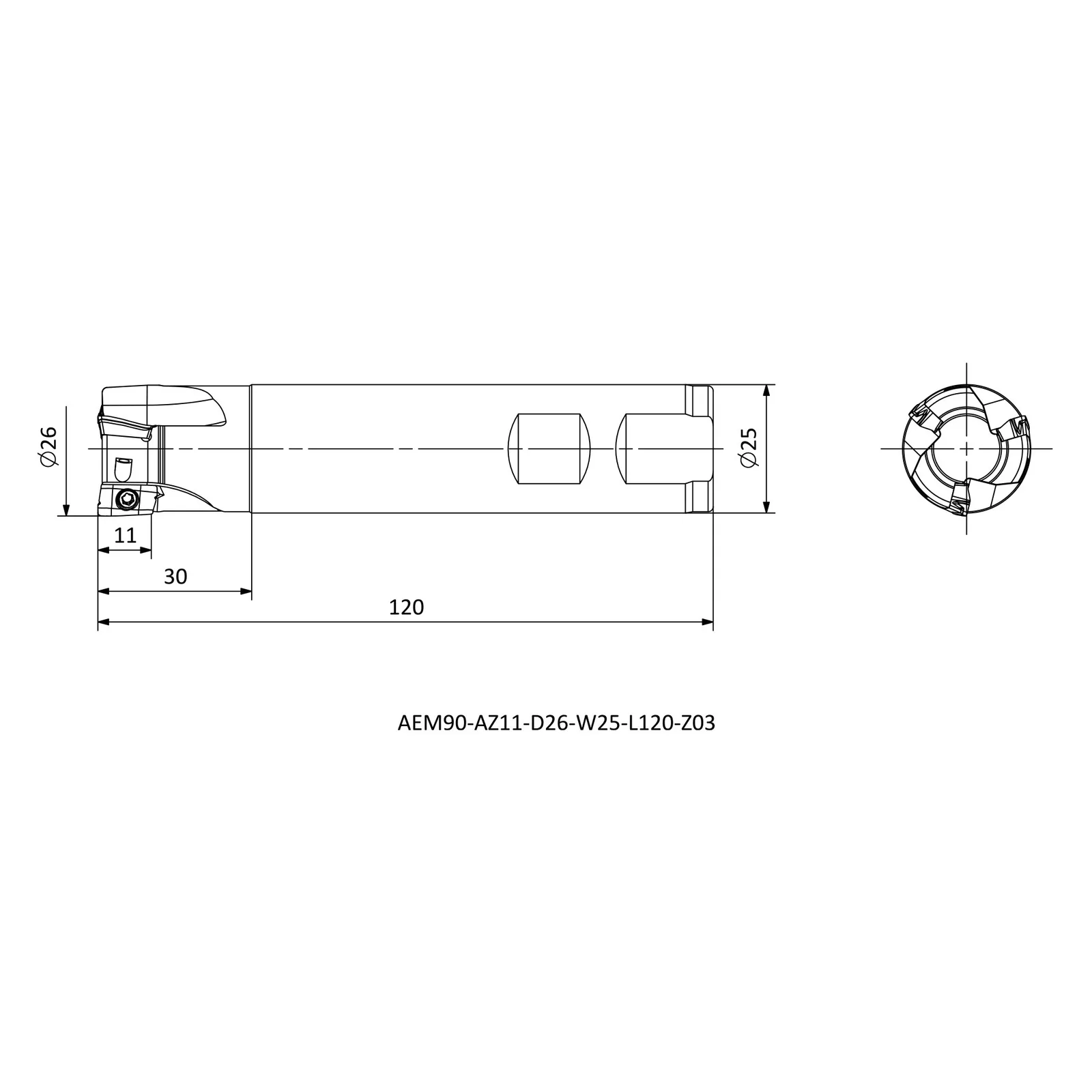 AEM90-AZ11-D26-W25-L120-Z03 &mdash; dimensioned drawing