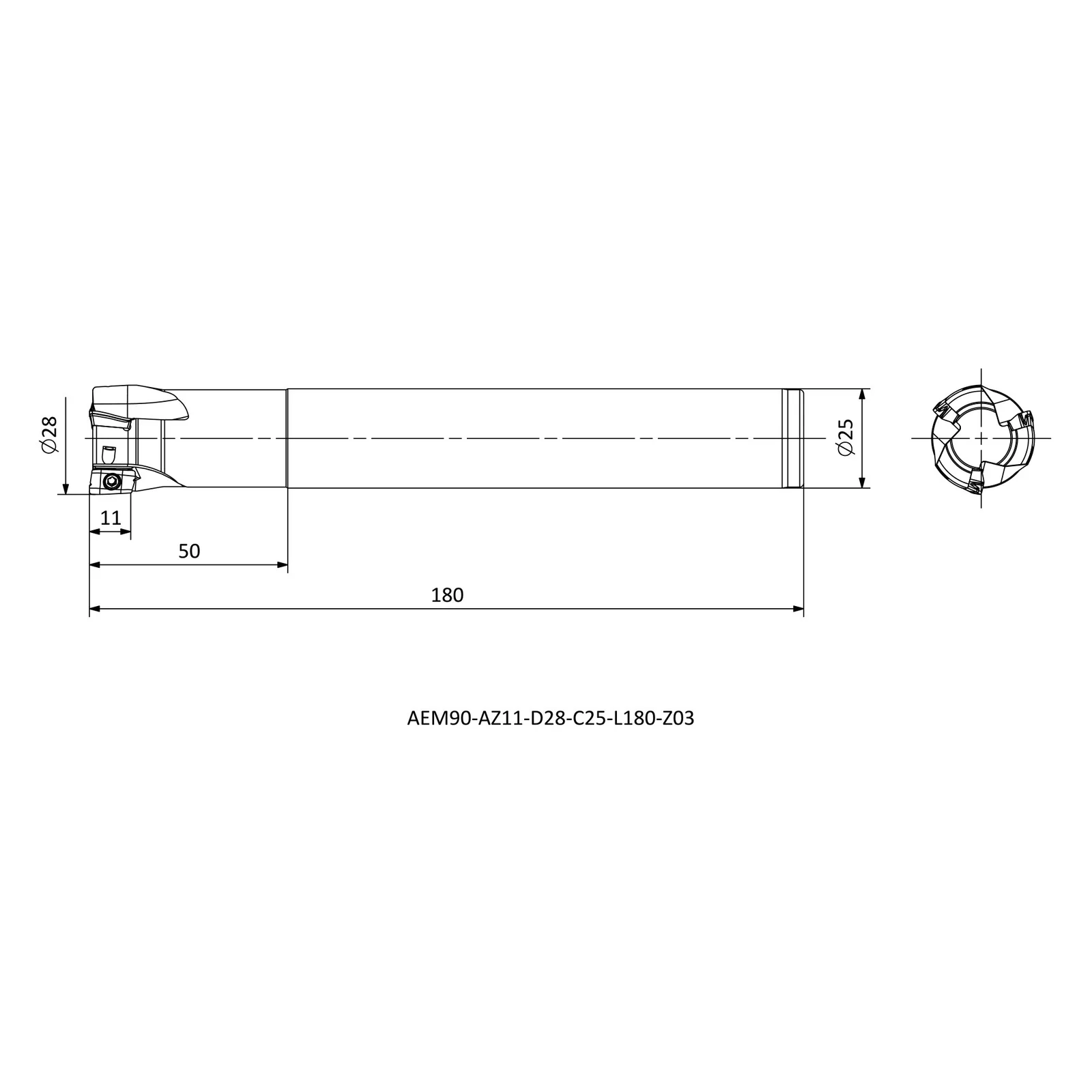 AEM90-AZ11-D28-C25-L180-Z03 &mdash; dimensioned drawing
