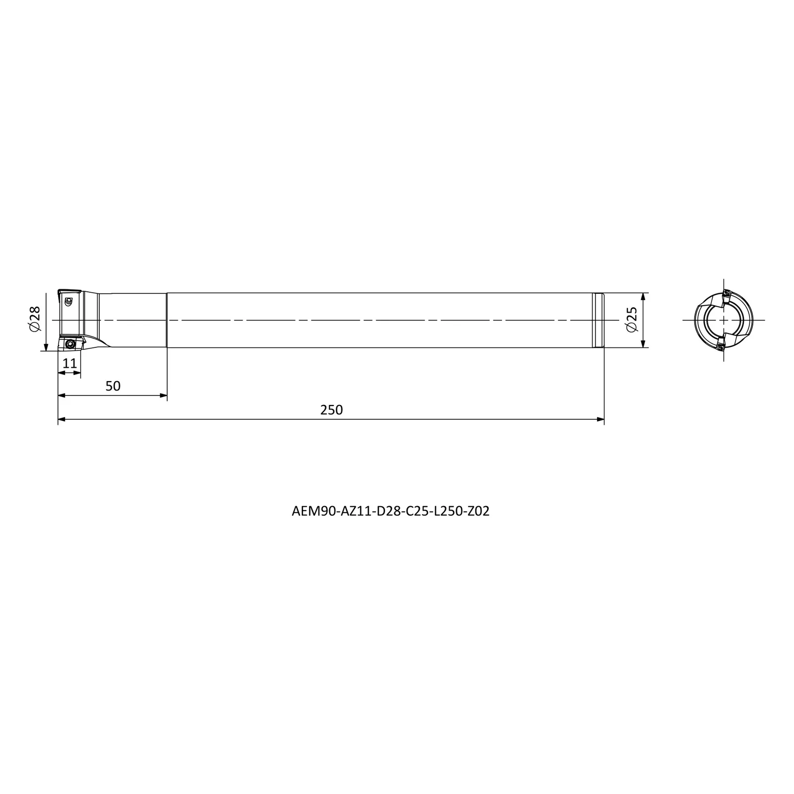 AEM90-AZ11-D28-C25-L250-Z02 &mdash; dimensioned drawing