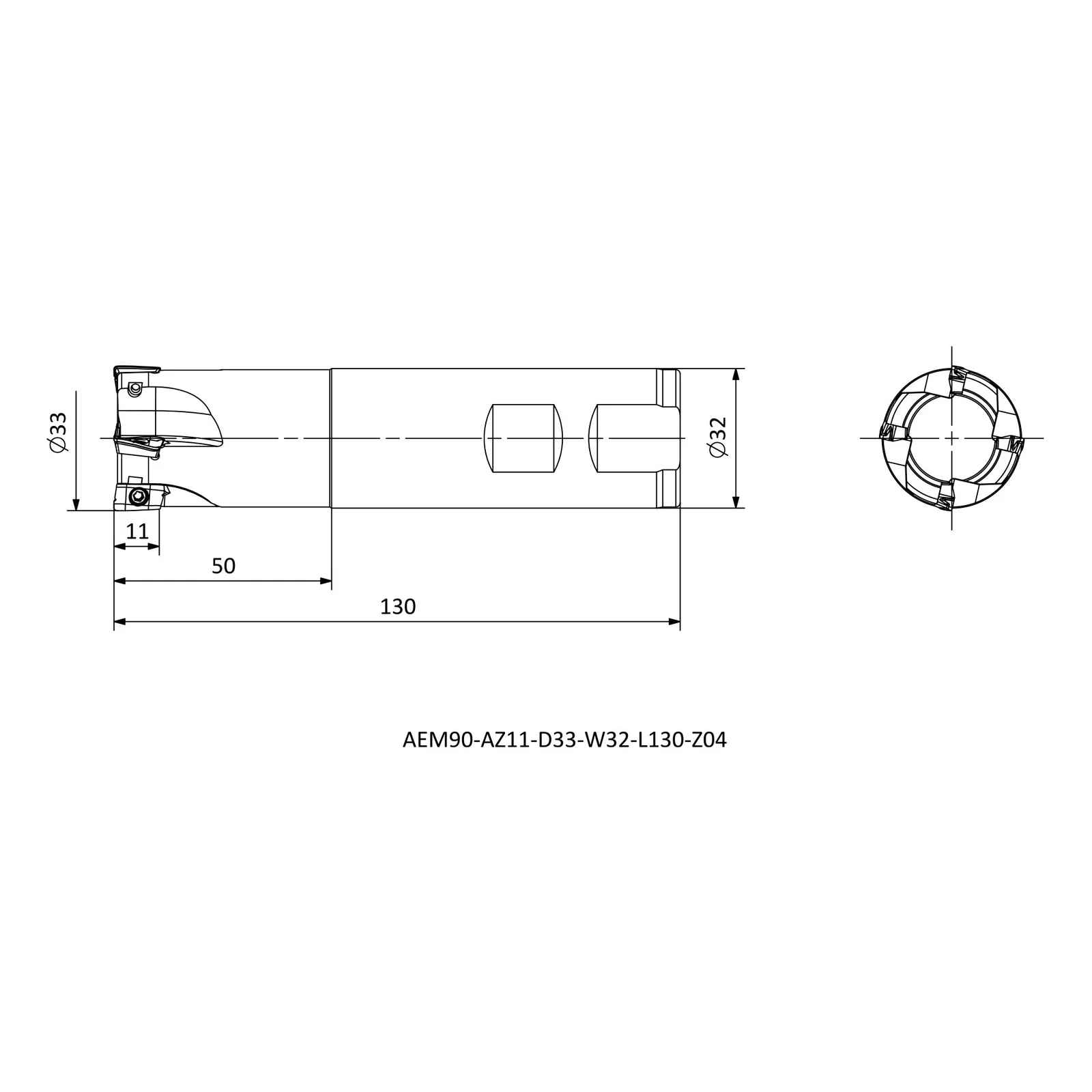 AEM90-AZ11-D33-W32-L130-Z04 &mdash; dimensioned drawing