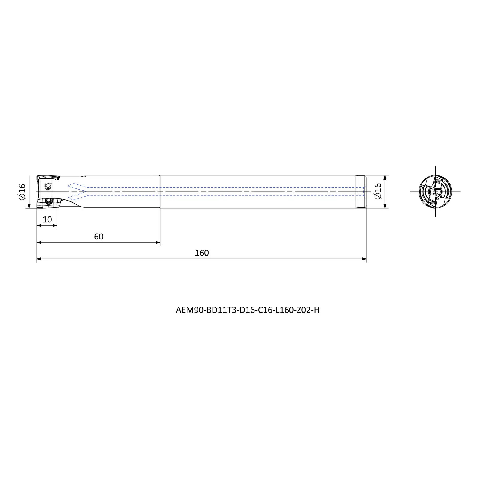 AEM90-BD11T3-D16-C16-L160-Z02-H &mdash; dimensioned drawing