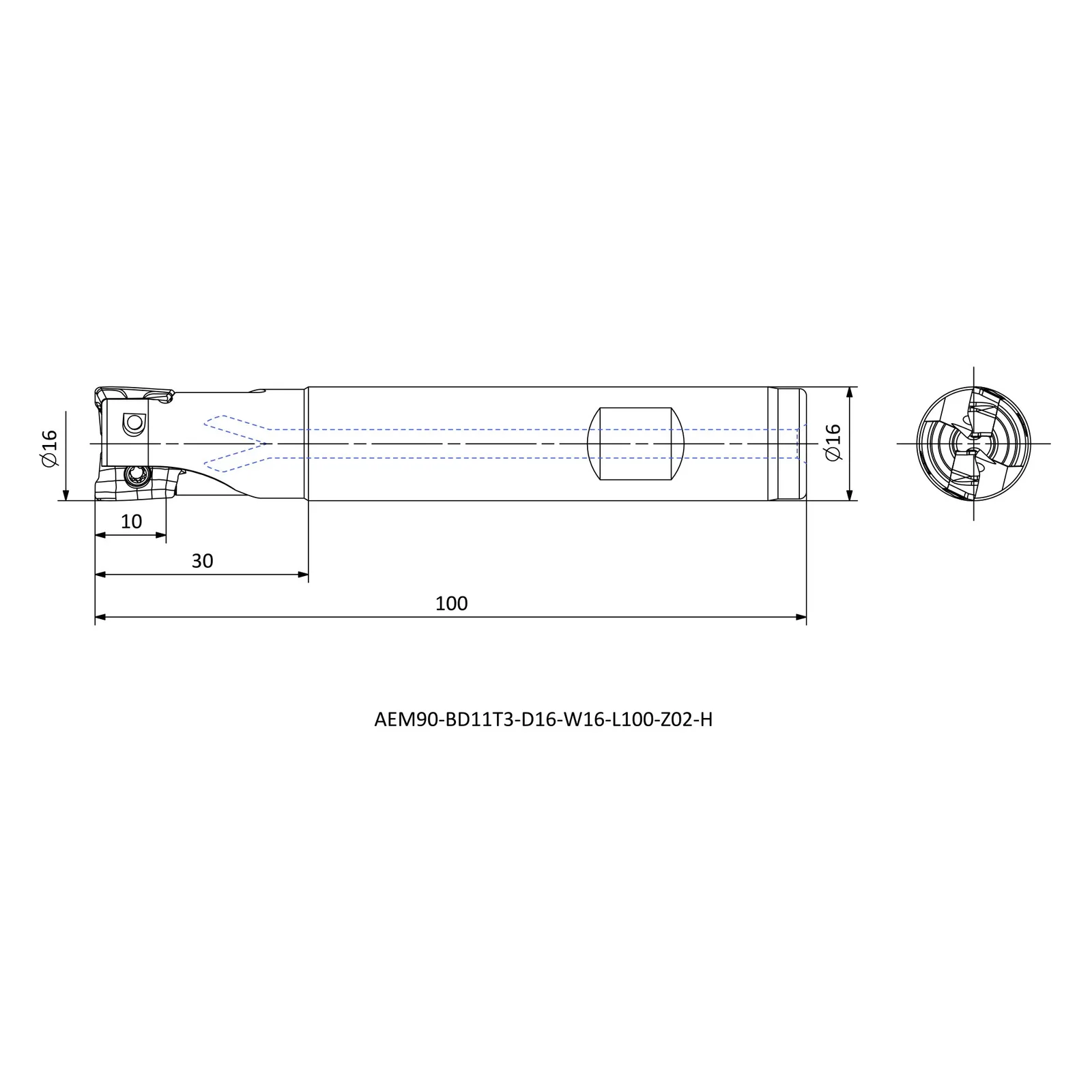 AEM90-BD11T3-D16-W16-L100-Z02-H &mdash; dimensioned drawing