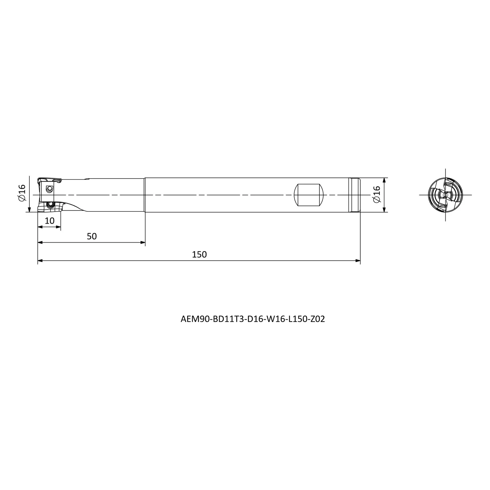 AEM90-BD11T3-D16-W16-L150-Z02 &mdash; dimensioned drawing