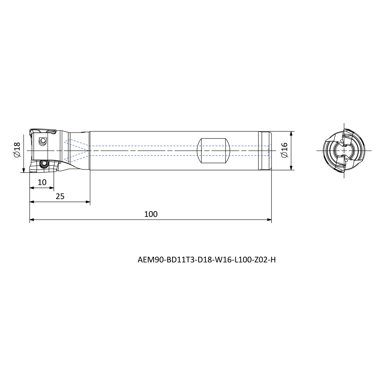 AEM90-BD11T3-D18-W16-L100-Z02-H &mdash; dimensioned drawing