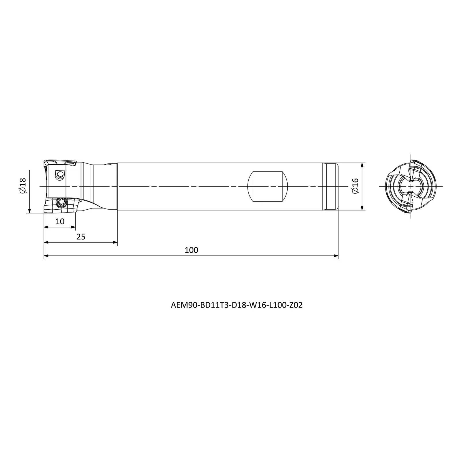 AEM90-BD11T3-D18-W16-L100-Z02 &mdash; dimensioned drawing