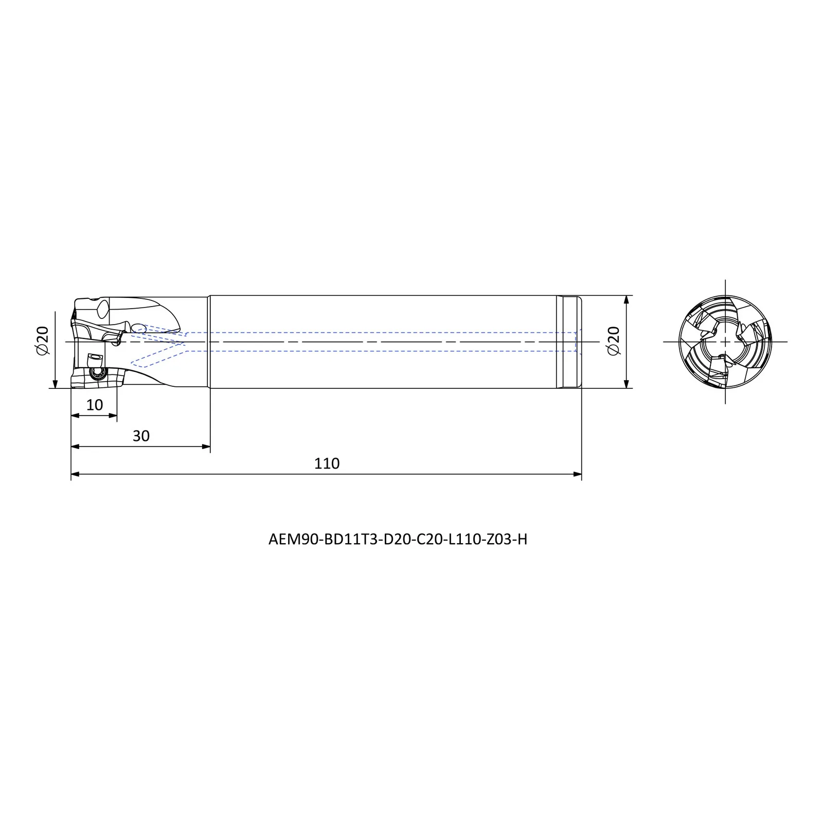 AEM90-BD11T3-D20-C20-L110-Z03-H &mdash; dimensioned drawing