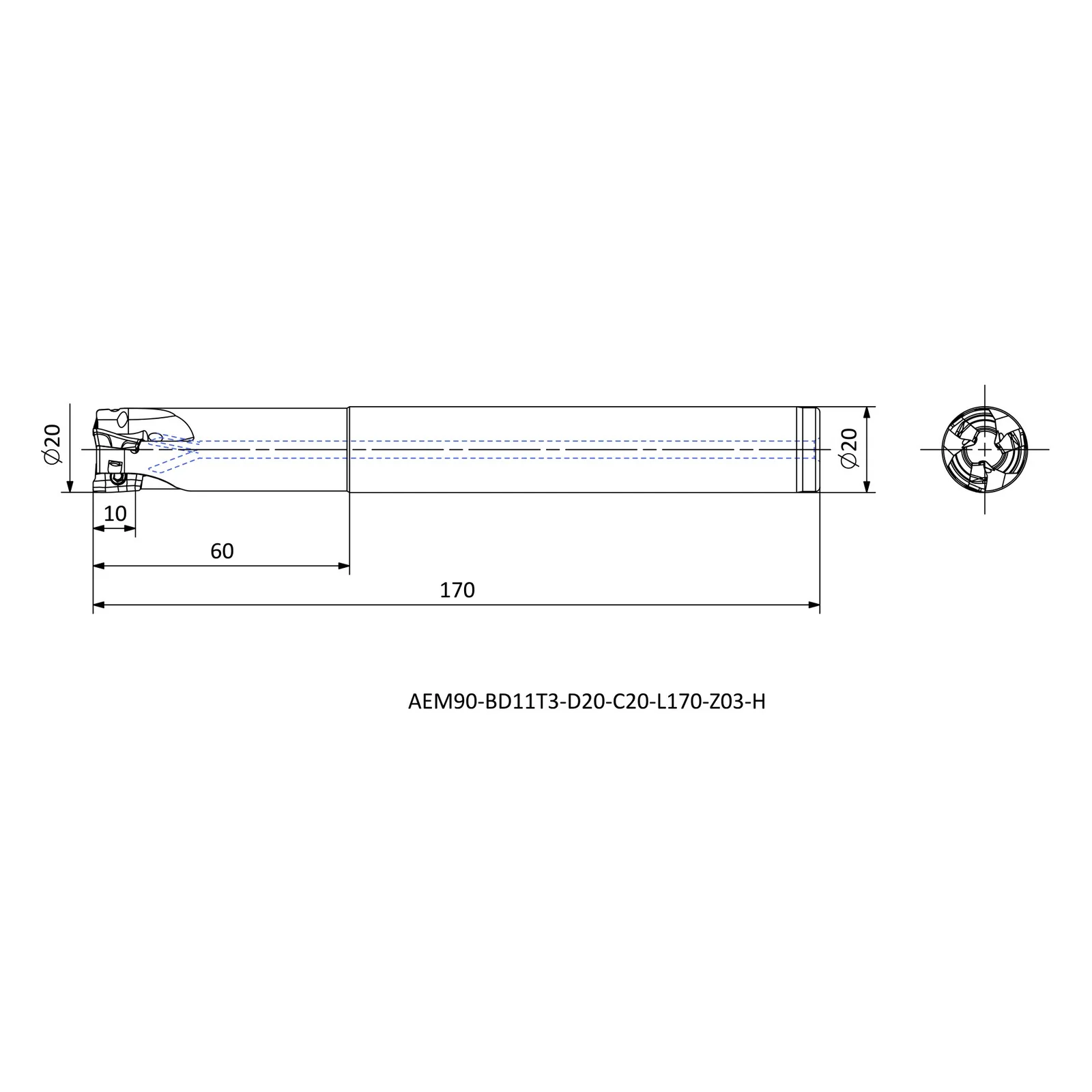 AEM90-BD11T3-D20-C20-L170-Z03-H &mdash; dimensioned drawing
