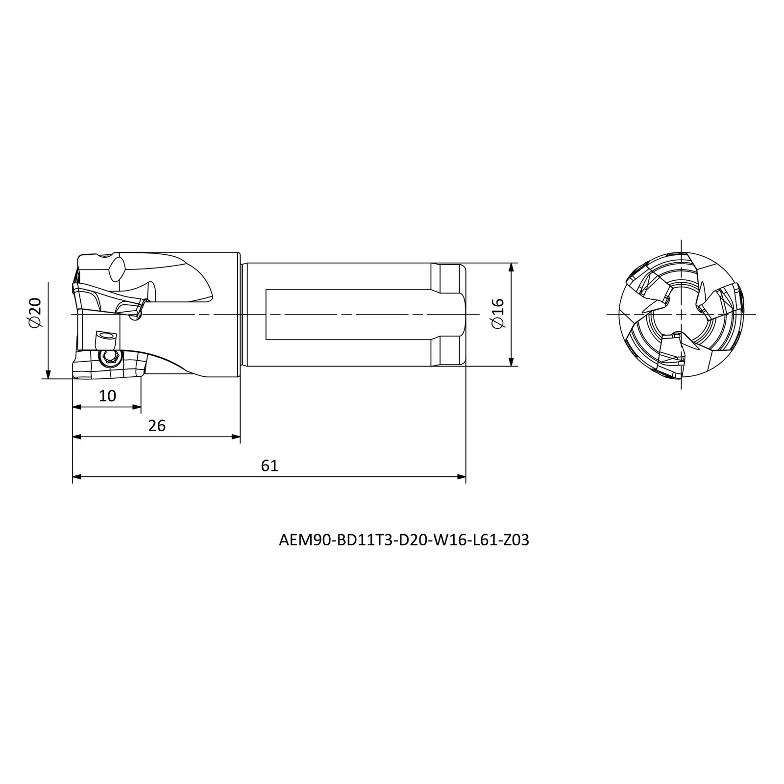 AEM90-BD11T3-D20-W16-L61-Z03 &mdash; dimensioned drawing
