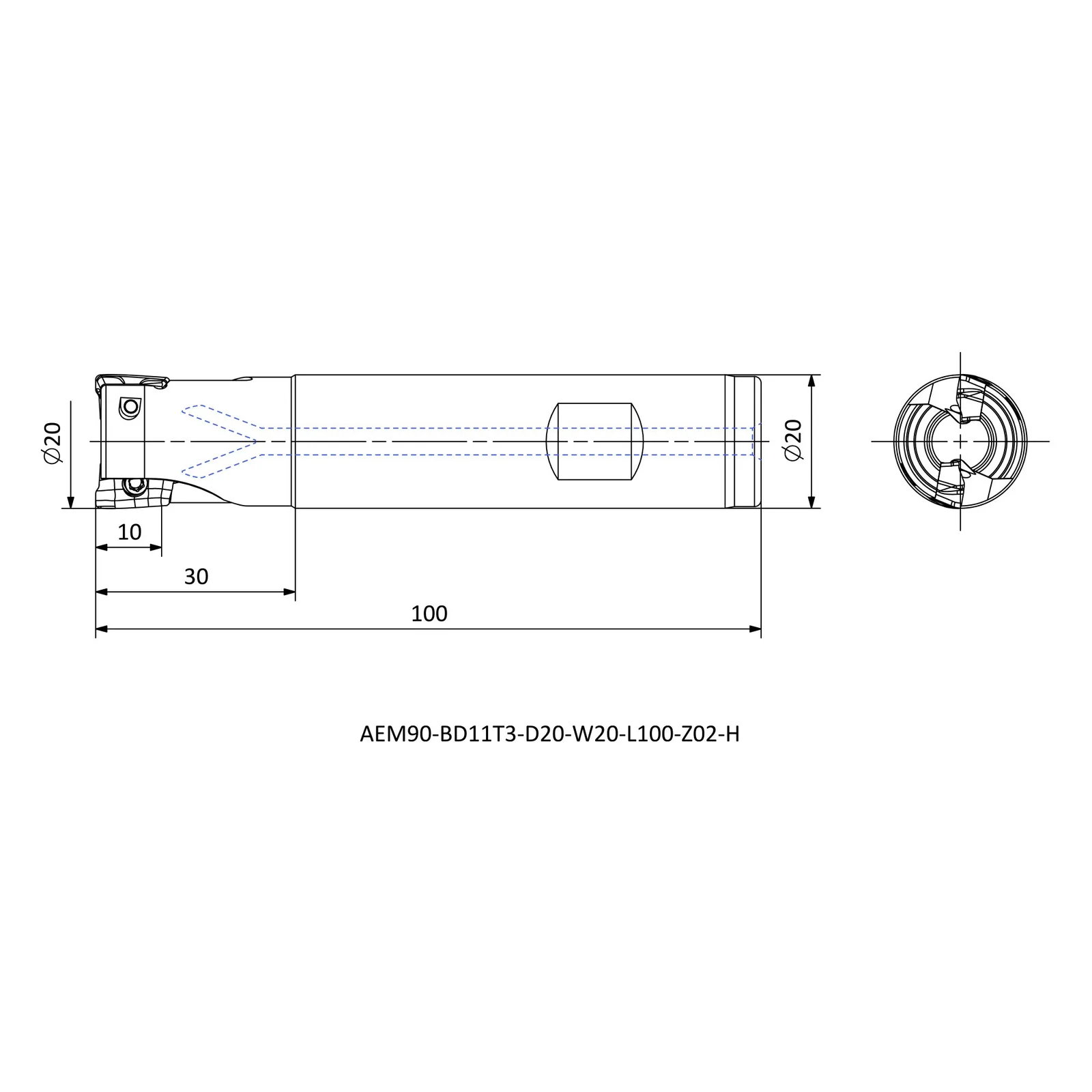 AEM90-BD11T3-D20-W20-L100-Z02-H &mdash; dimensioned drawing