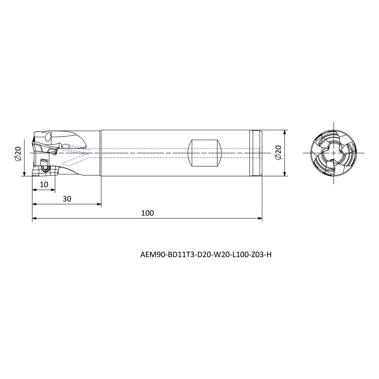 AEM90-BD11T3-D20-W20-L100-Z03-H &mdash; dimensioned drawing