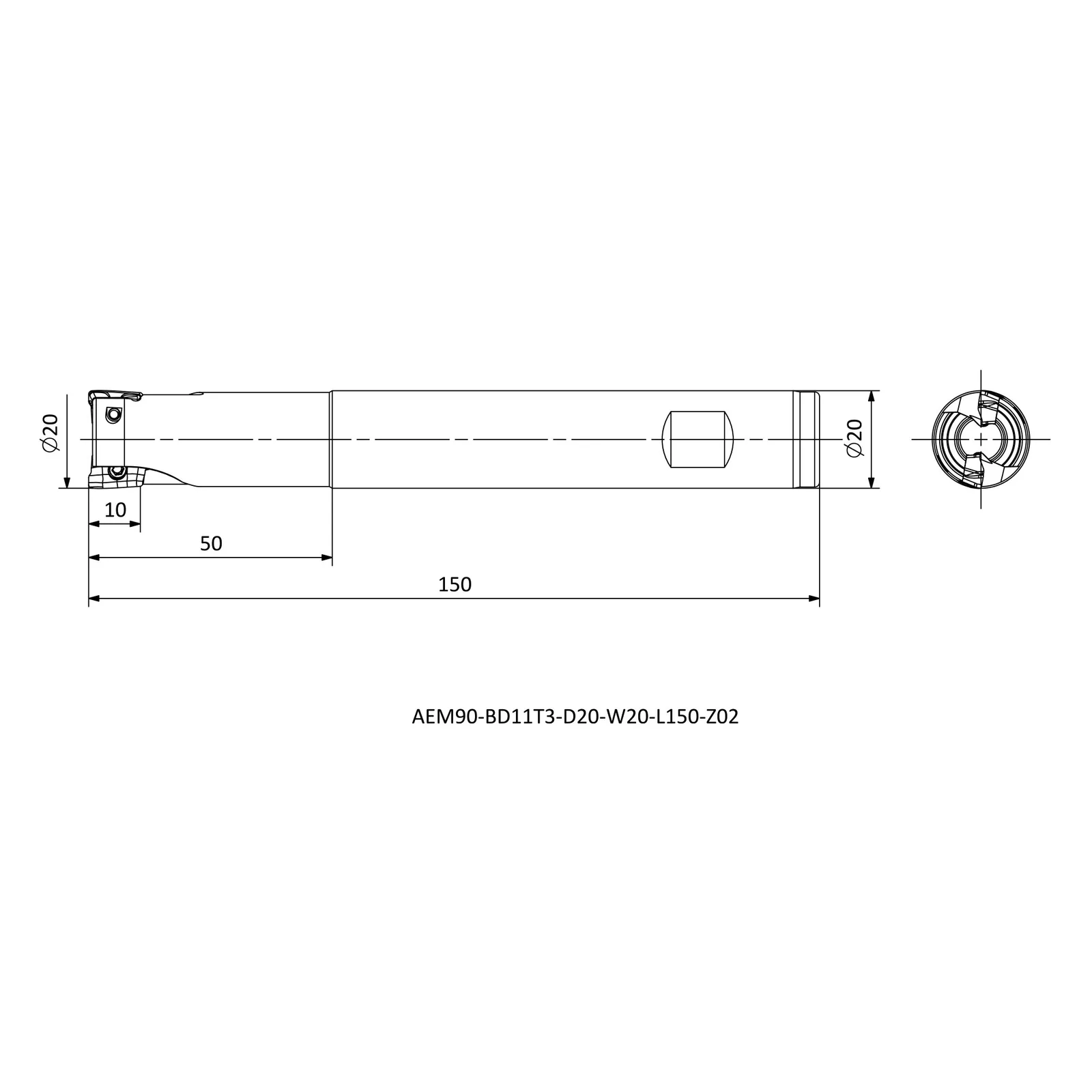 AEM90-BD11T3-D20-W20-L150-Z02 &mdash; dimensioned drawing