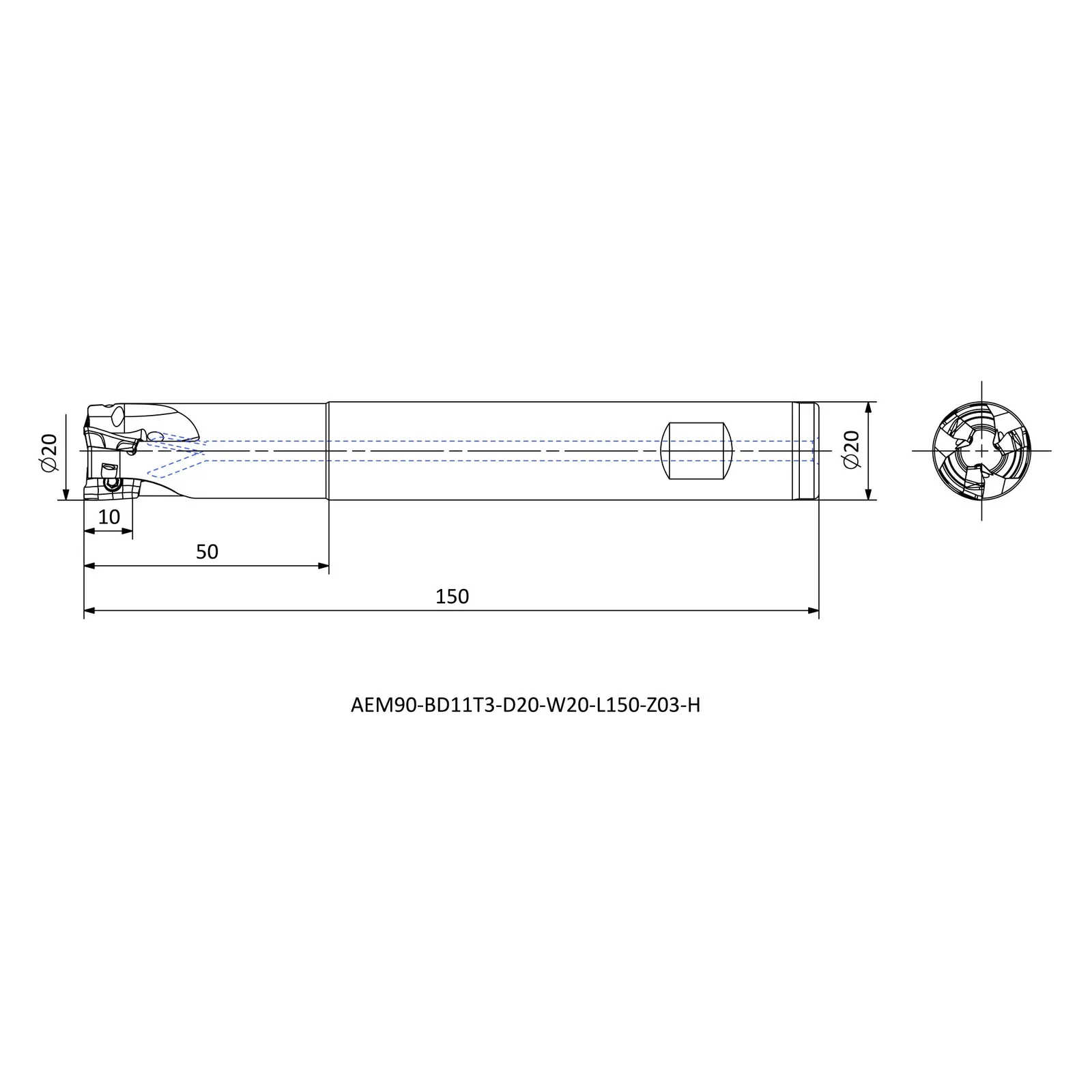AEM90-BD11T3-D20-W20-L150-Z03-H &mdash; dimensioned drawing